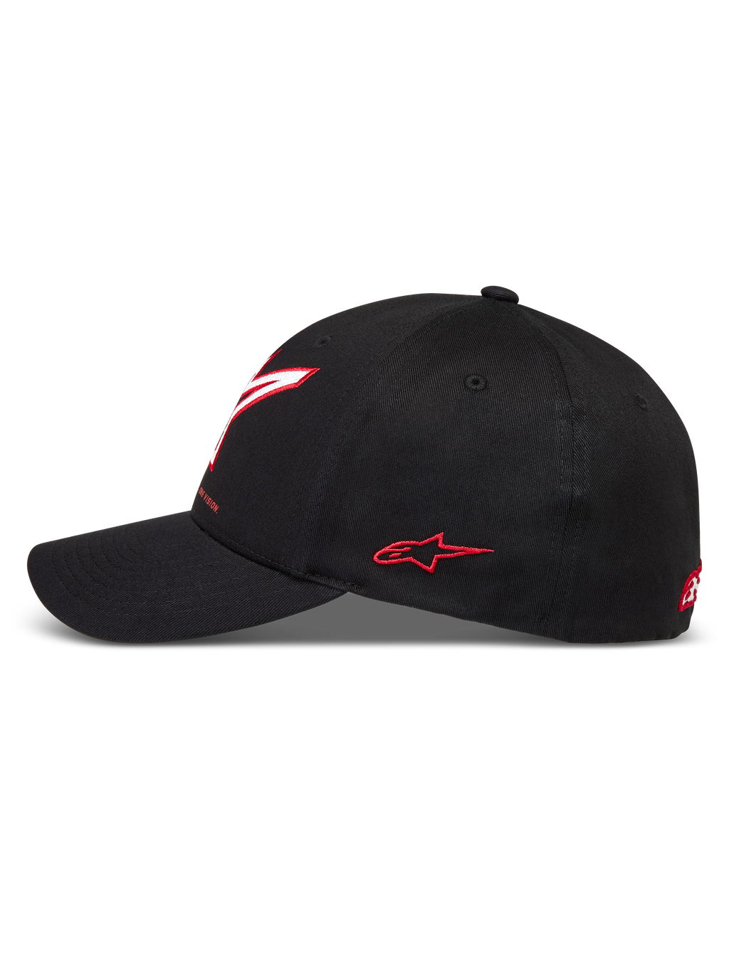 Alpinestars Lineout Cappello, cappello motorsport in twill nero con visiera curva e loghi ricamati rossi, vista laterale.