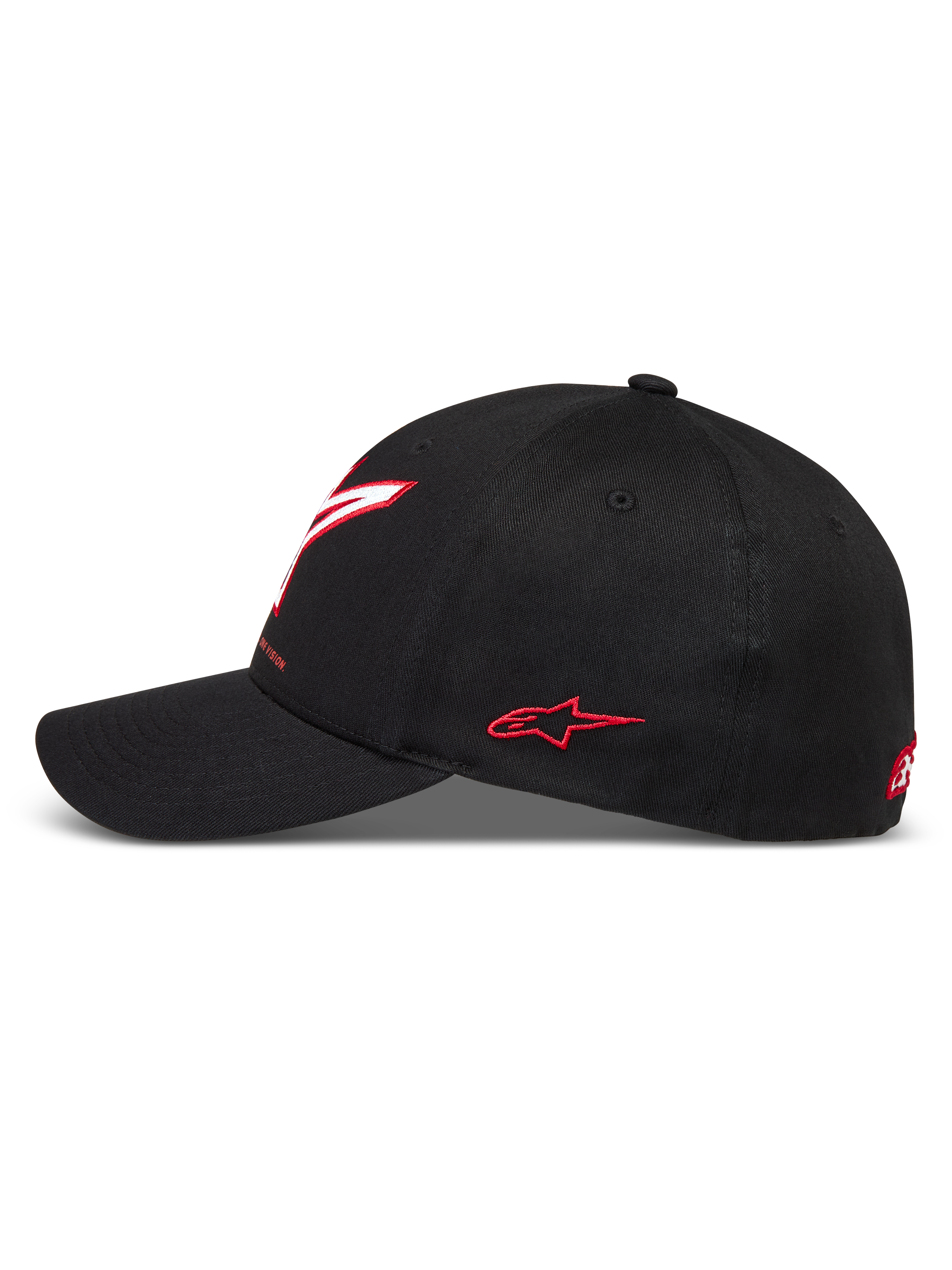 Alpinestars Lineout Cappello, cappello motorsport in twill nero con visiera curva e loghi ricamati rossi, vista laterale.