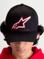 Alpinestars Cappello Lineout, cappello da baseball sportswear unisex, nero con logo Astars ricamato rosso e bianco e slogan One Goal One Vision, corona strutturata e visiera curva