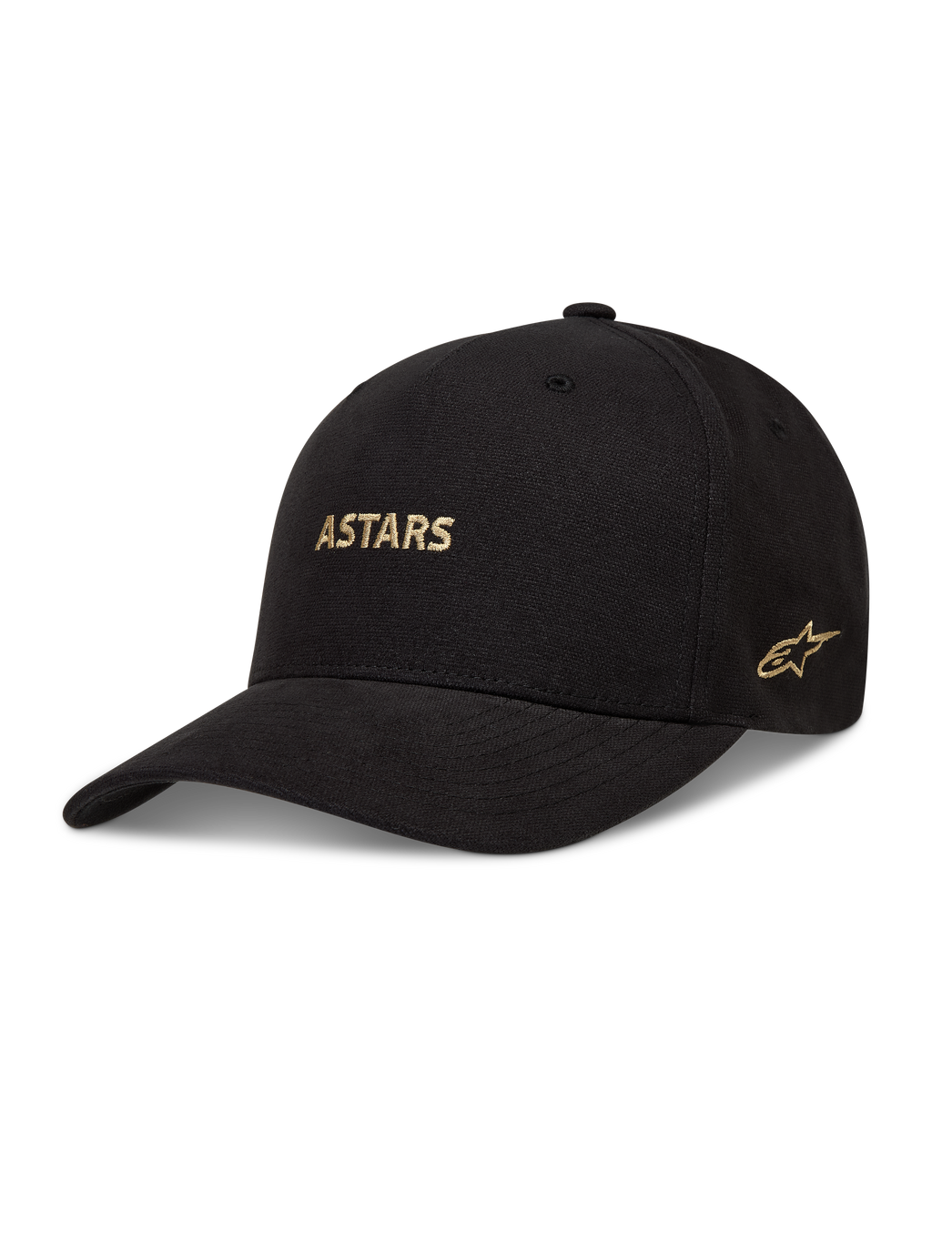Alpinestars County Canvas Cappello, cappello sportswear nero con corona strutturata e visiera curva, logo Astars ricamato in oro, tessuto Oxford peached, stile motorsport casual