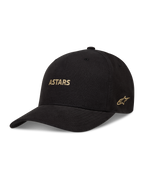 Alpinestars County Canvas Cappello, cappello sportswear nero con corona strutturata e visiera curva, logo Astars ricamato in oro, tessuto Oxford peached, stile motorsport casual