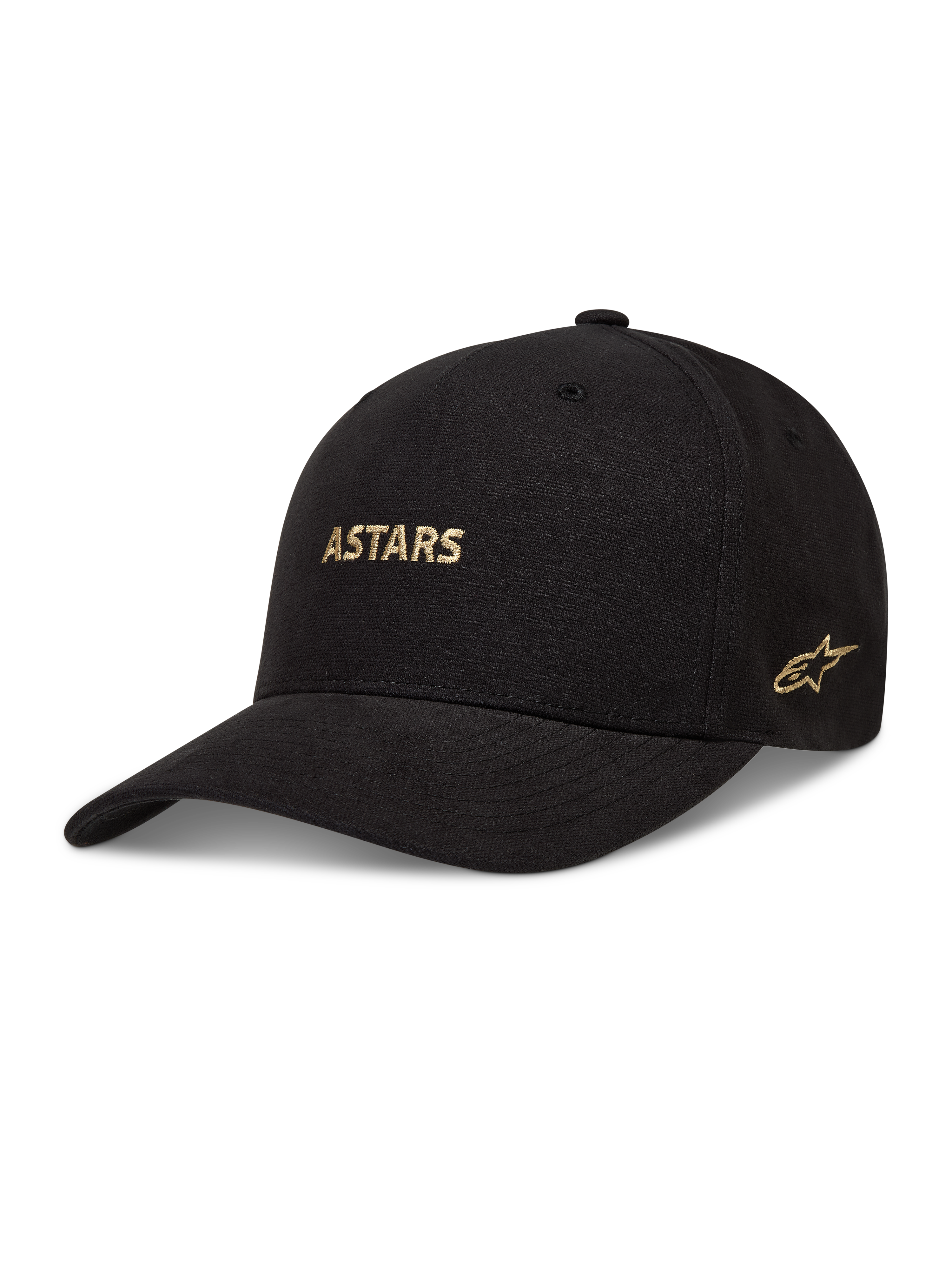 Alpinestars County Canvas Cappello, cappello sportswear nero con corona strutturata e visiera curva, logo Astars ricamato in oro, tessuto Oxford peached, stile motorsport casual