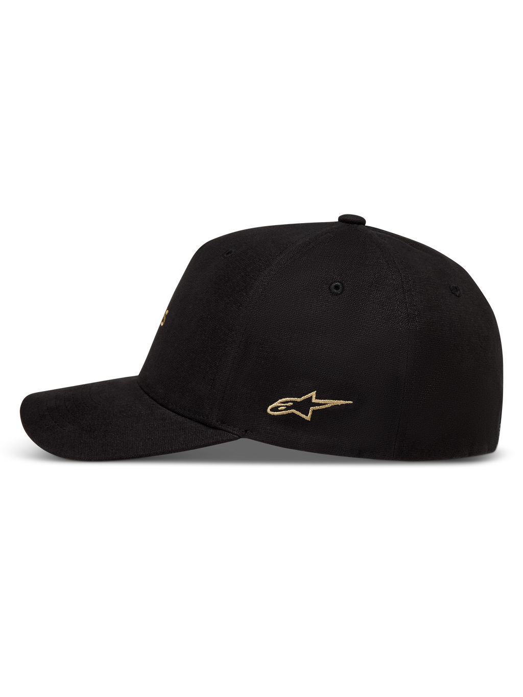 Alpinestars County Canvas, cappello sportswear nero con logo a stella oro, visiera curva, corona strutturata, vista laterale.