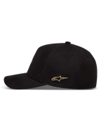Alpinestars County Canvas, cappello sportswear nero con logo a stella oro, visiera curva, corona strutturata, vista laterale.