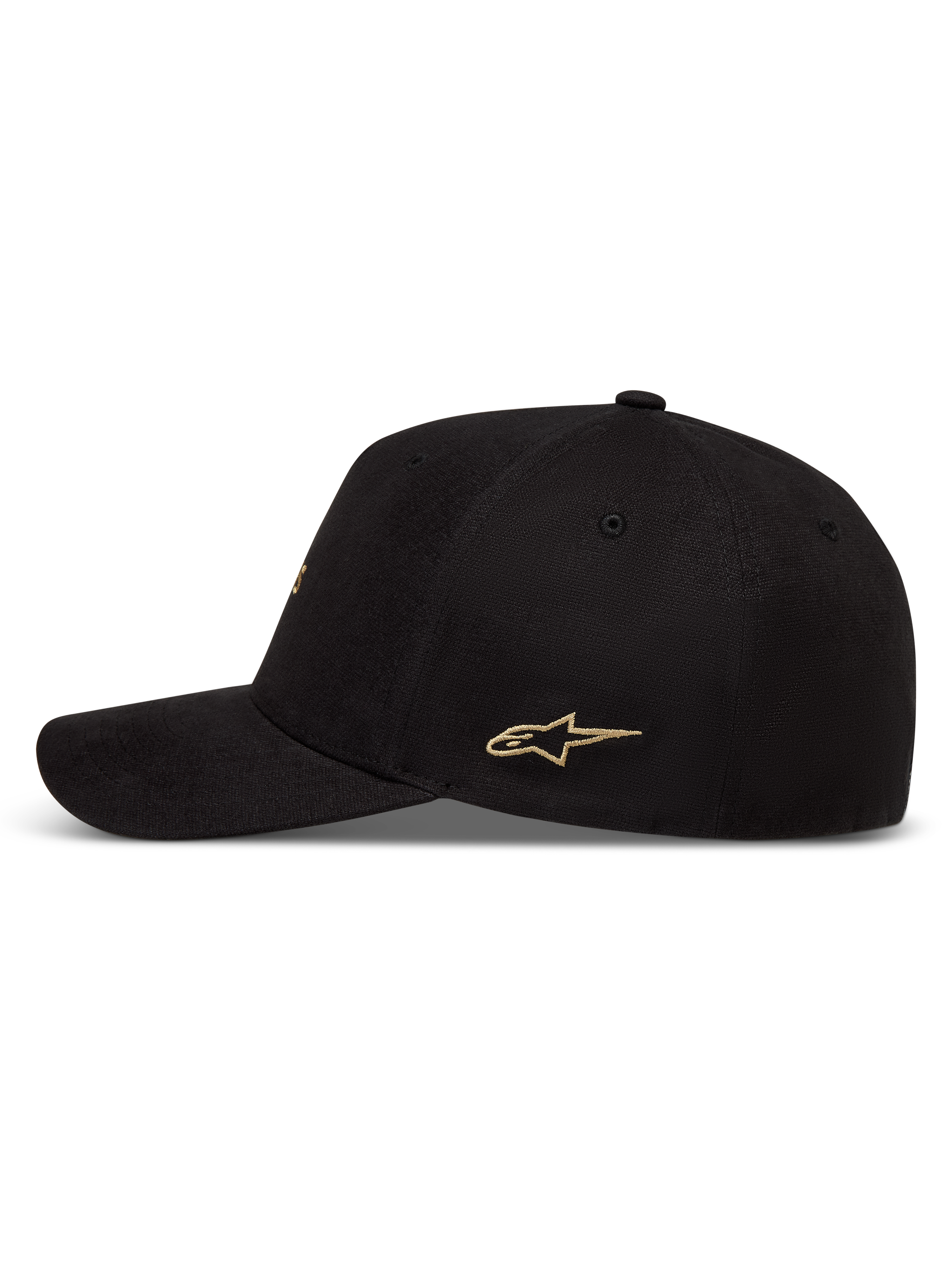 Alpinestars County Canvas, cappello sportswear nero con logo a stella oro, visiera curva, corona strutturata, vista laterale.