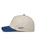 Alpinestars County Canvas Cappello, cappello sportswear sabbia e blu con visiera curva e logo rosso ricamato.