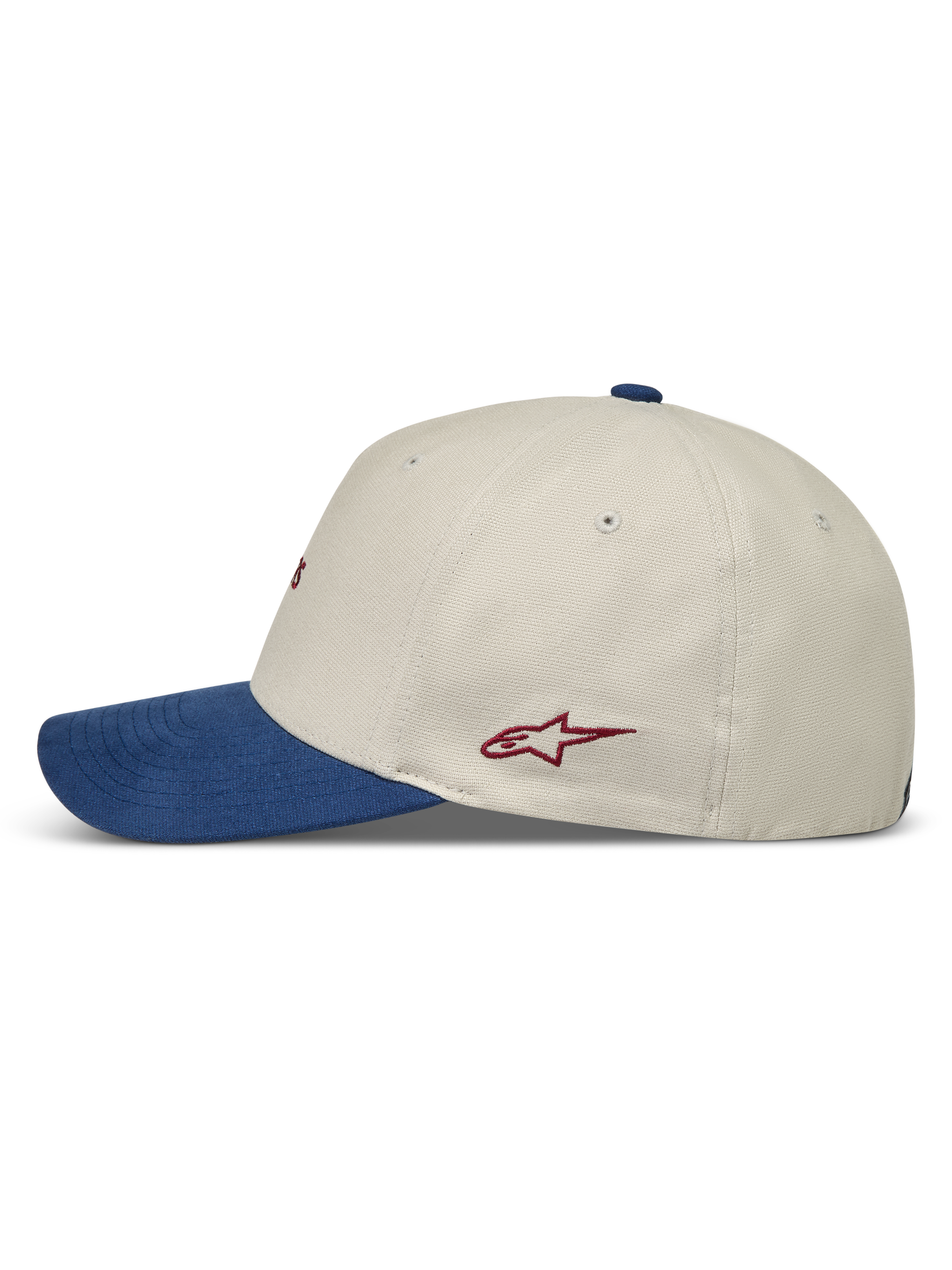 Alpinestars County Canvas Cappello, cappello sportswear sabbia e blu con visiera curva e logo rosso ricamato.
