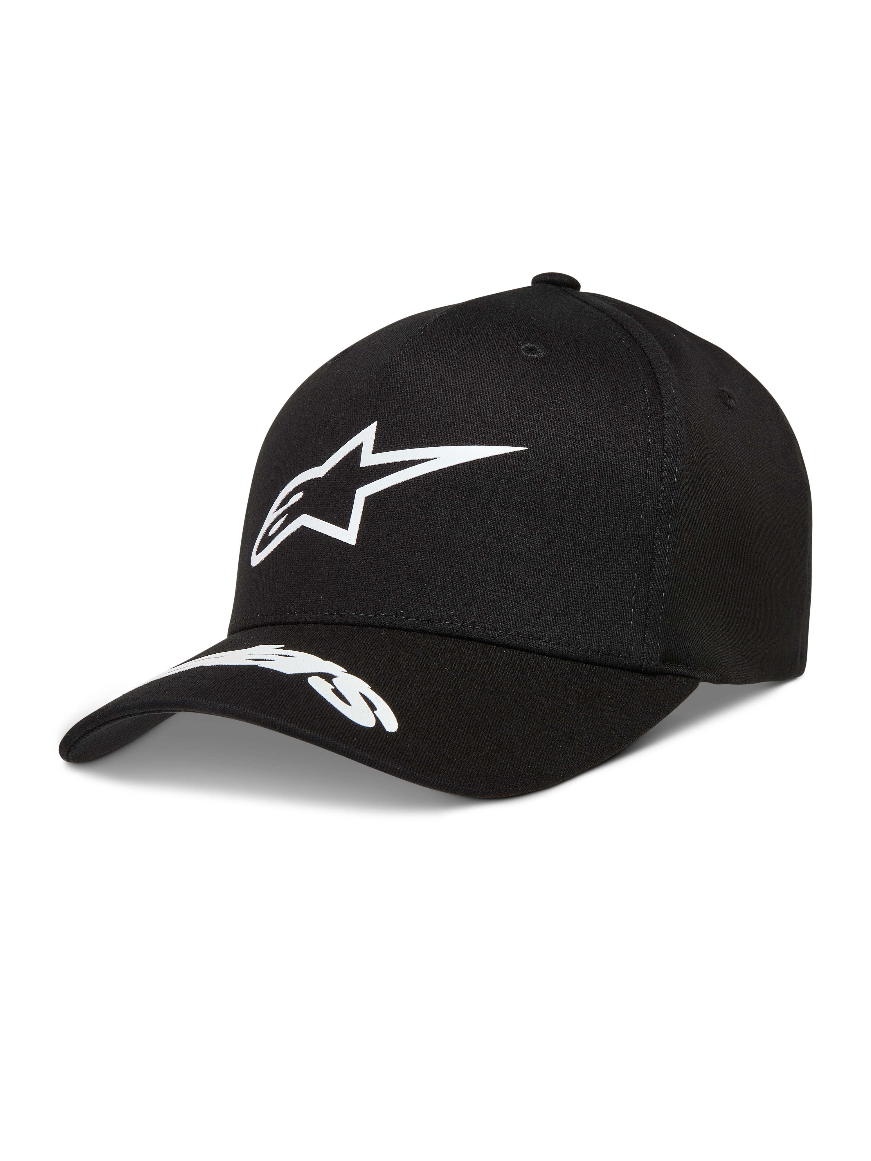 Alpinestars Arclight cappello, cappello in twill nero con visiera curva, logo Astars bianco in rilievo e sulla visiera.