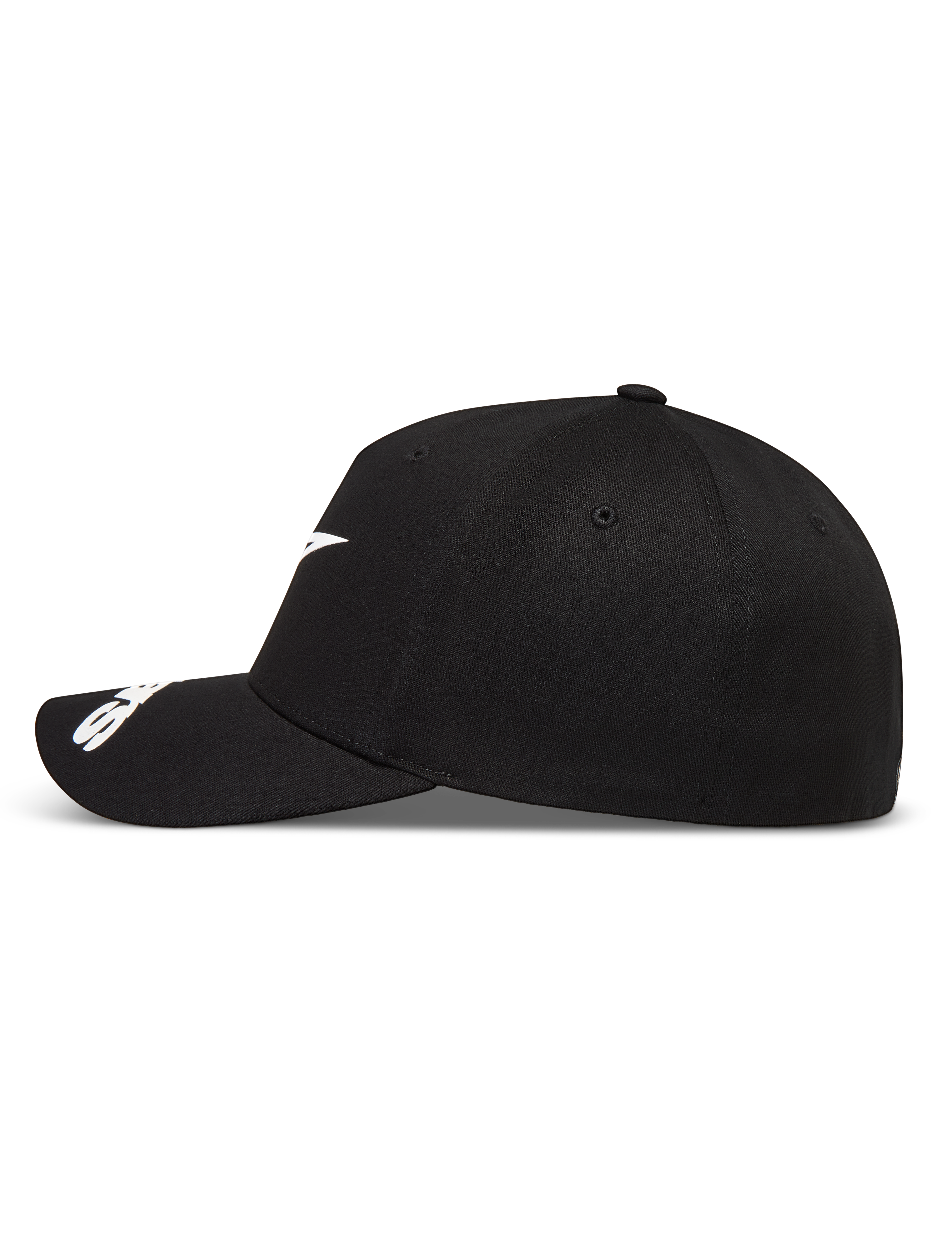 Alpinestars Arclight Cappello, cappello da baseball nero sportswear, vista laterale con logo bianco e visiera curva