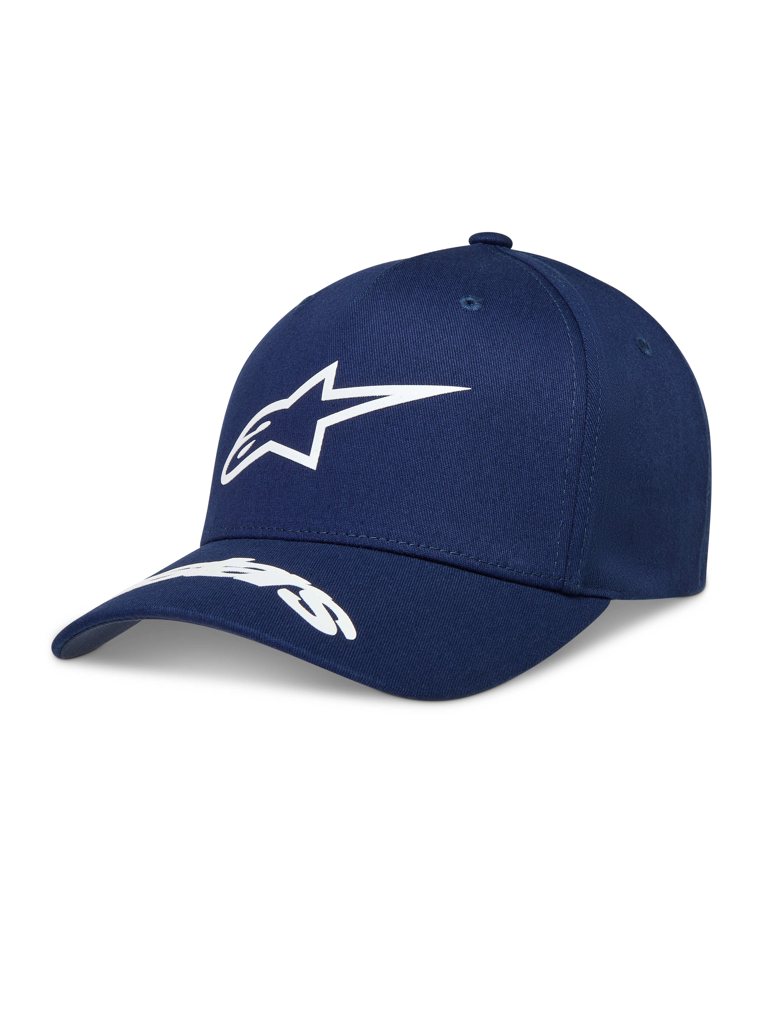 Alpinestars Arclight cappello, cappello sportivo blu navy con logo Astars bianco in rilievo, visiera curva e corona strutturata.