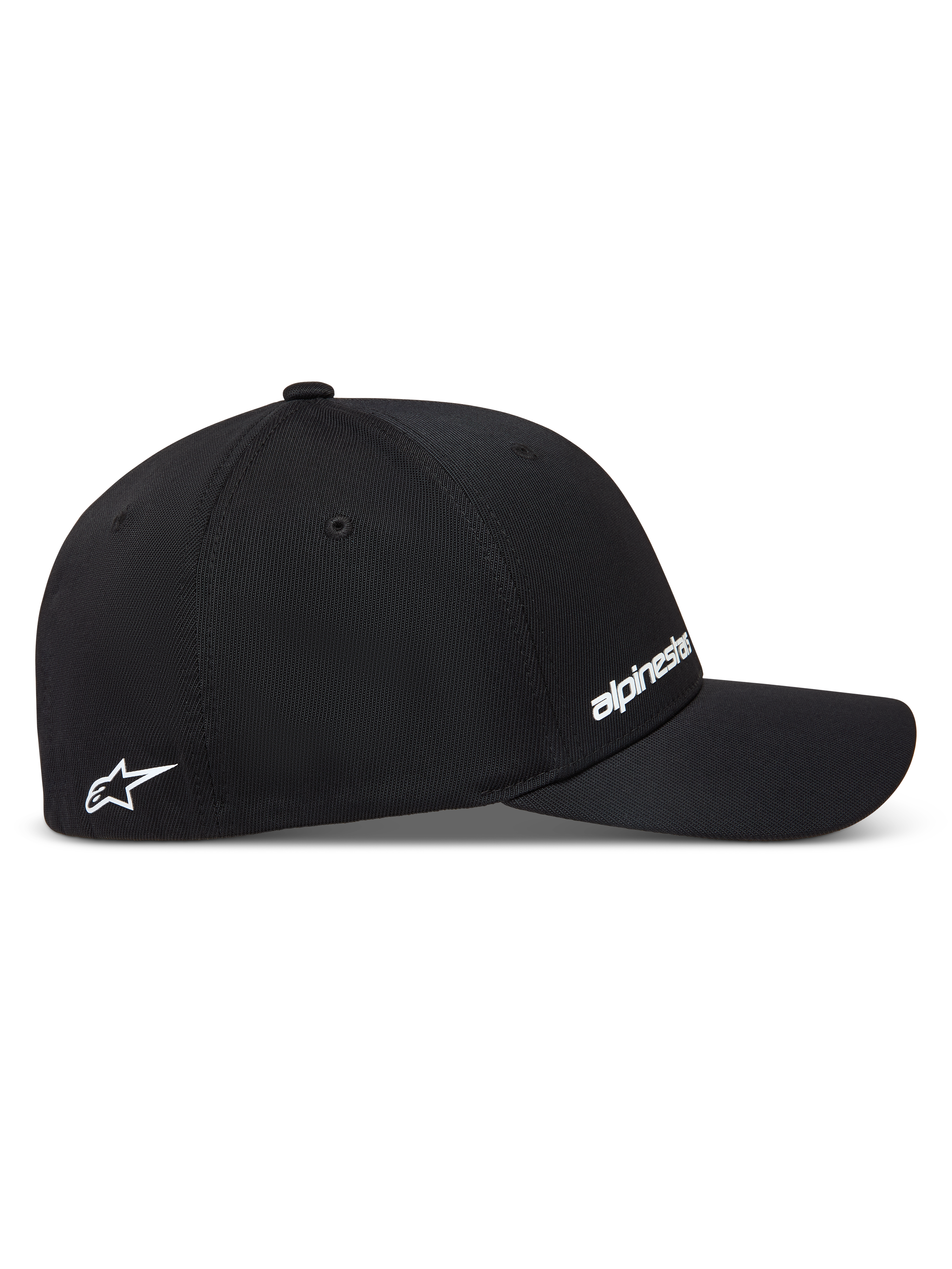 Alpinestars Points Cappello, cappello sportivo da baseball, nero, in tessuto nylon tactel con vestibilità flex back e loghi bianchi stampati in HD