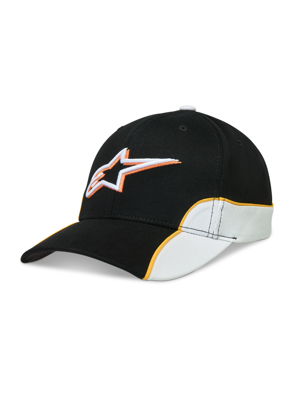 Alpinestars Cappello 500 Snapback, cappello sportswear motorsport unisex, nero e bianco con piping arancione a contrasto, visiera curva, corona strutturata e logo Astars ricamato in 3D, in twill di cotone per uno stile casual quotidiano.