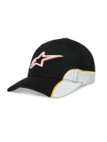 Alpinestars Cappello 500 Snapback, cappello sportswear motorsport unisex, nero e bianco con piping arancione a contrasto, visiera curva, corona strutturata e logo Astars ricamato in 3D, in twill di cotone per uno stile casual quotidiano.
