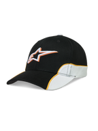 Alpinestars Cappello 500 Snapback, cappello sportswear motorsport unisex, nero e bianco con piping arancione a contrasto, visiera curva, corona strutturata e logo Astars ricamato in 3D, in twill di cotone per uno stile casual quotidiano.