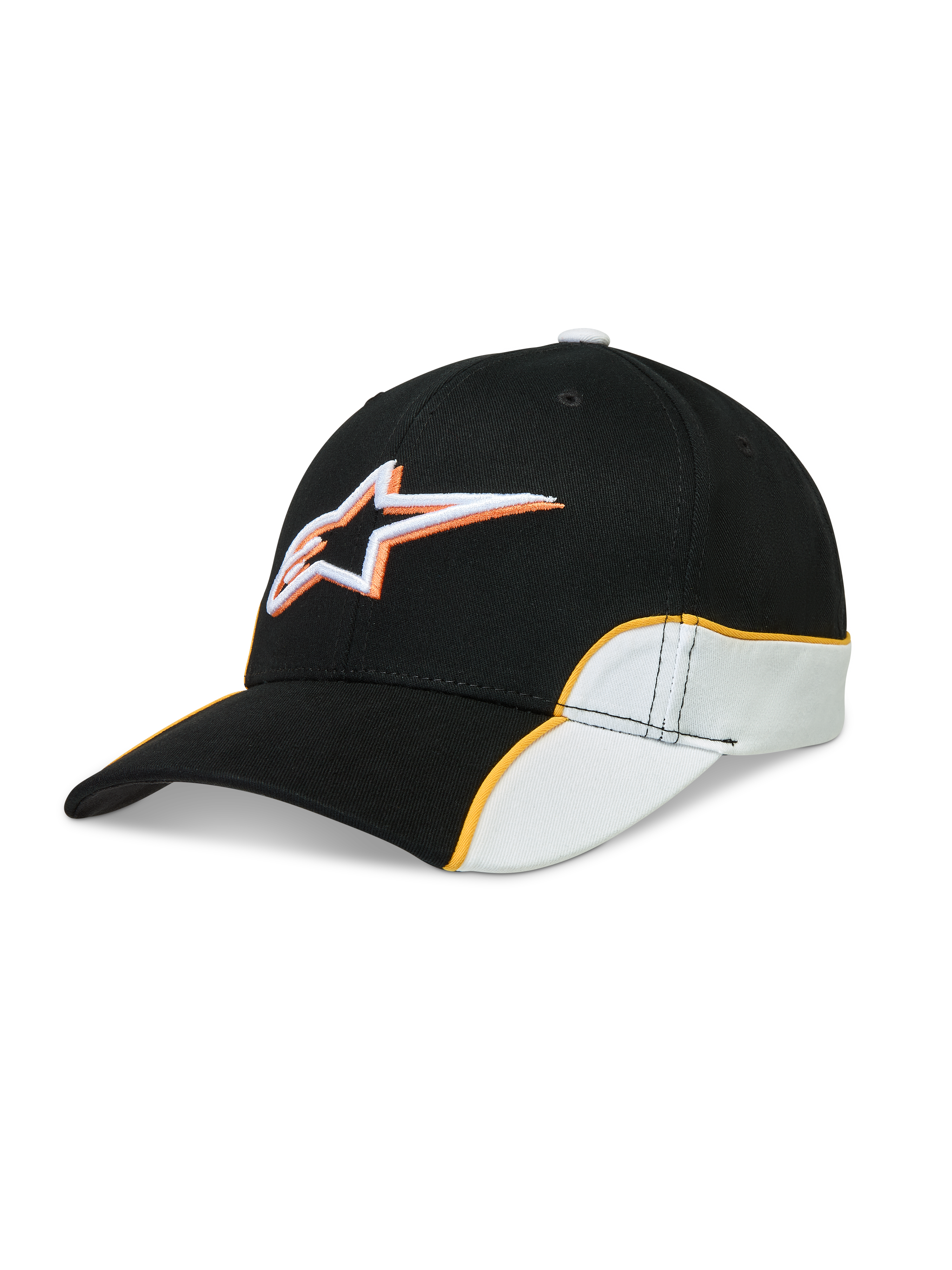 Alpinestars Cappello 500 Snapback, cappello sportswear motorsport unisex, nero e bianco con piping arancione a contrasto, visiera curva, corona strutturata e logo Astars ricamato in 3D, in twill di cotone per uno stile casual quotidiano.