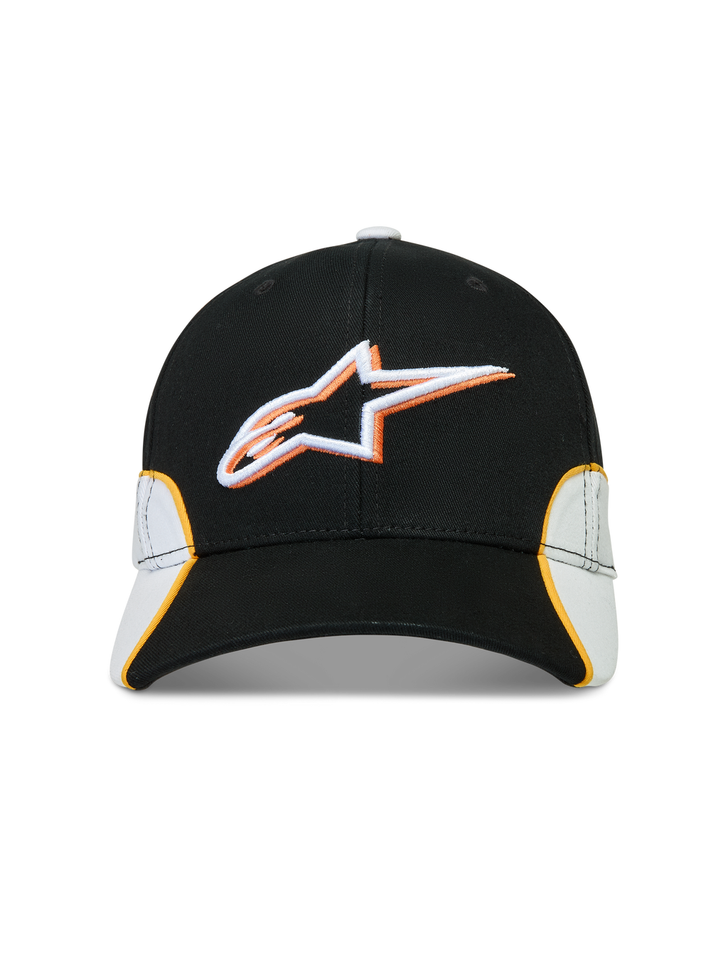 Alpinestars Cappello 500 Snapback, cappello sportswear stile motorsport, nero e bianco con dettagli arancioni, logo Astars ricamato 3D, visiera curva e corona strutturata in twill di cotone