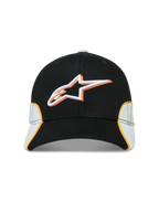 Alpinestars Cappello 500 Snapback, cappello sportswear stile motorsport, nero e bianco con dettagli arancioni, logo Astars ricamato 3D, visiera curva e corona strutturata in twill di cotone