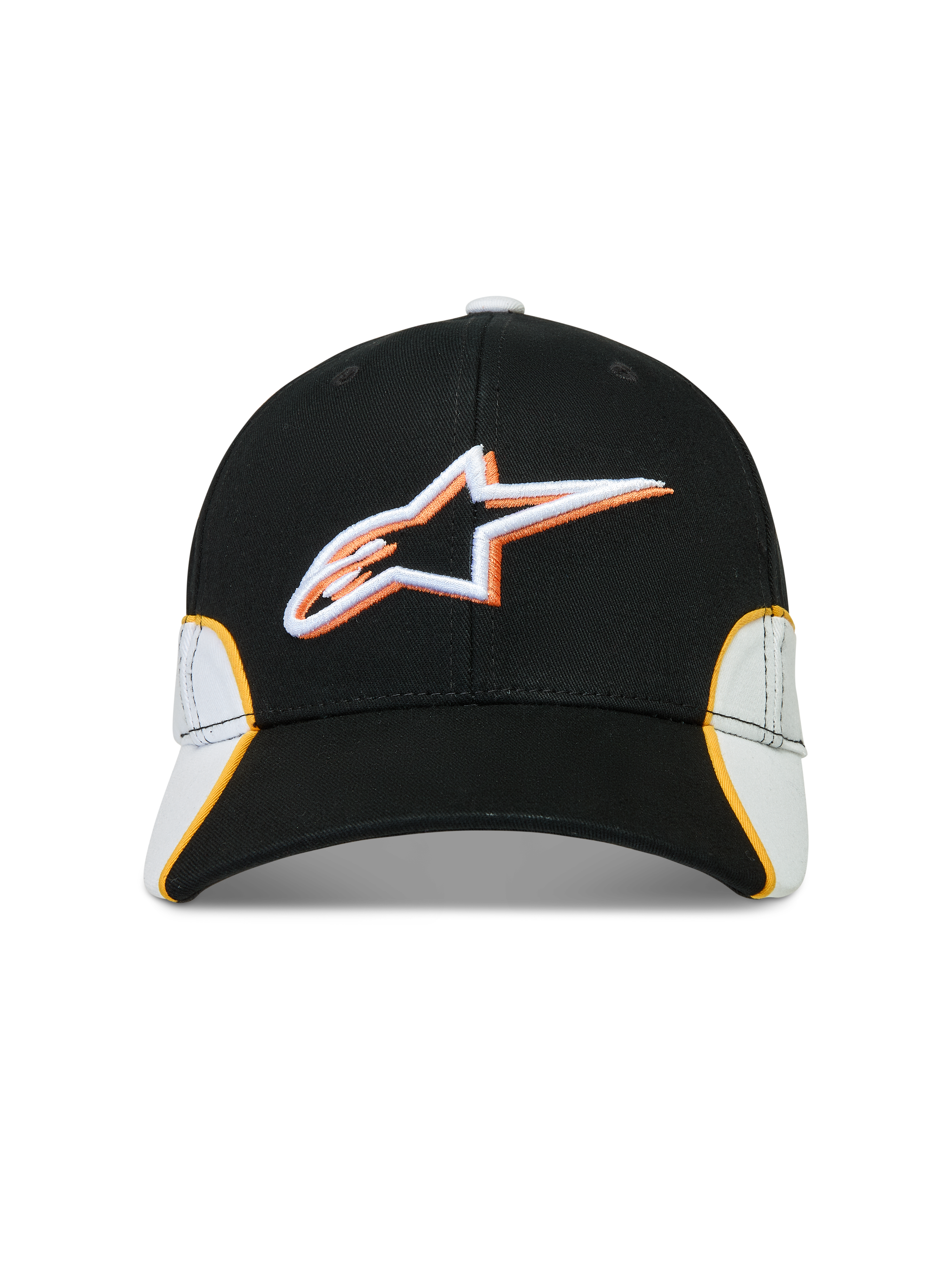 Alpinestars Cappello 500 Snapback, cappello sportswear stile motorsport, nero e bianco con dettagli arancioni, logo Astars ricamato 3D, visiera curva e corona strutturata in twill di cotone