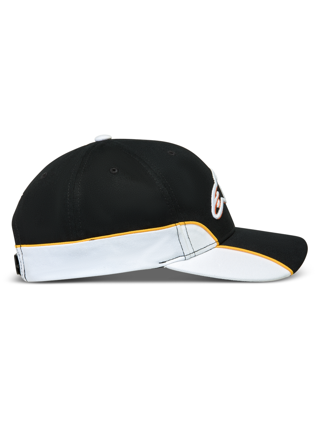 Alpinestars Cappello 500 Snapback, cappello sportswear stile baseball ispirato al motorsport, vista laterale con visiera curva e corona strutturata, nero e bianco con dettagli piping arancioni