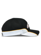 Alpinestars Cappello 500 Snapback, cappello sportswear stile baseball ispirato al motorsport, vista laterale con visiera curva e corona strutturata, nero e bianco con dettagli piping arancioni