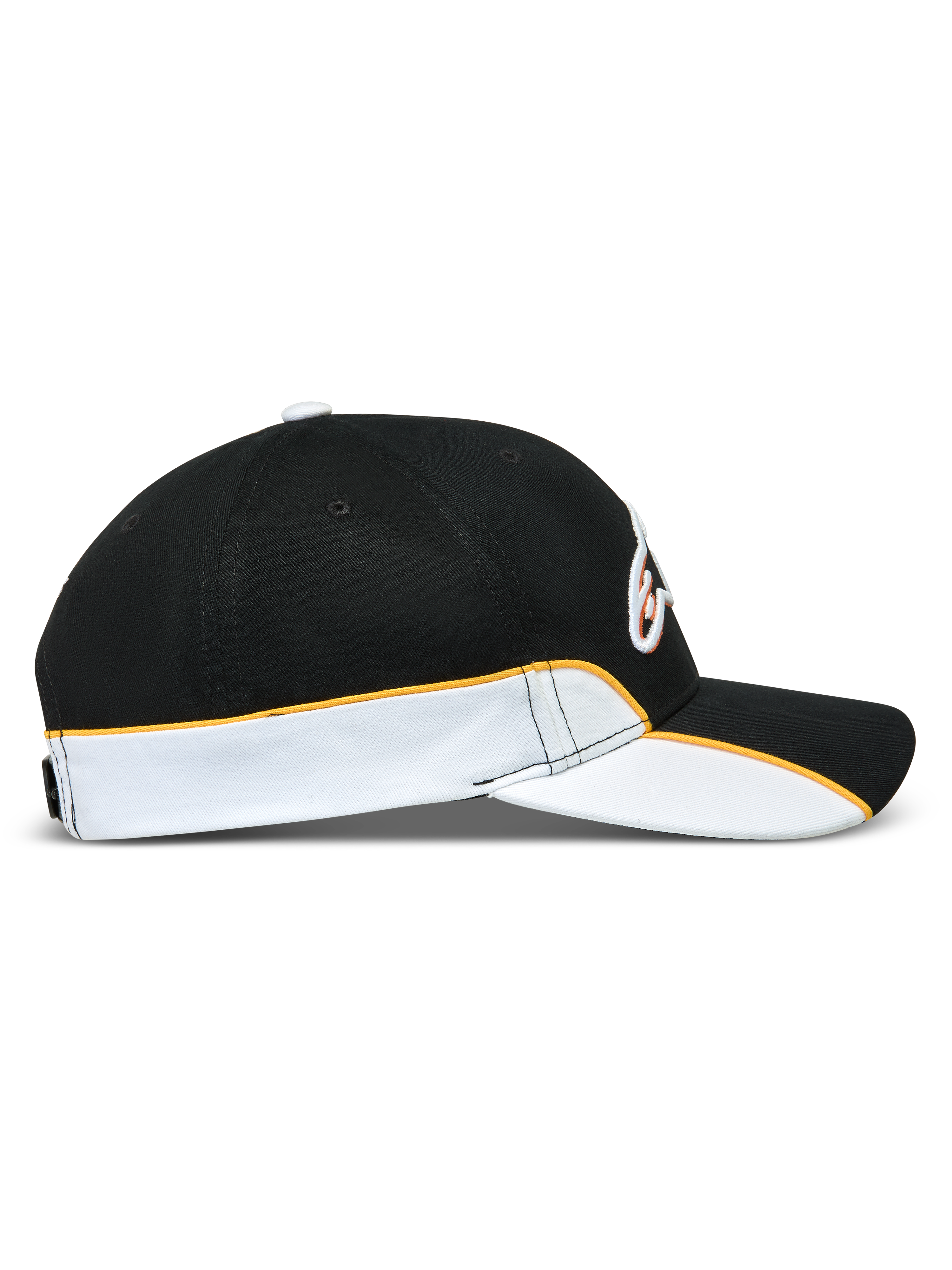 Alpinestars Cappello 500 Snapback, cappello sportswear stile baseball ispirato al motorsport, vista laterale con visiera curva e corona strutturata, nero e bianco con dettagli piping arancioni