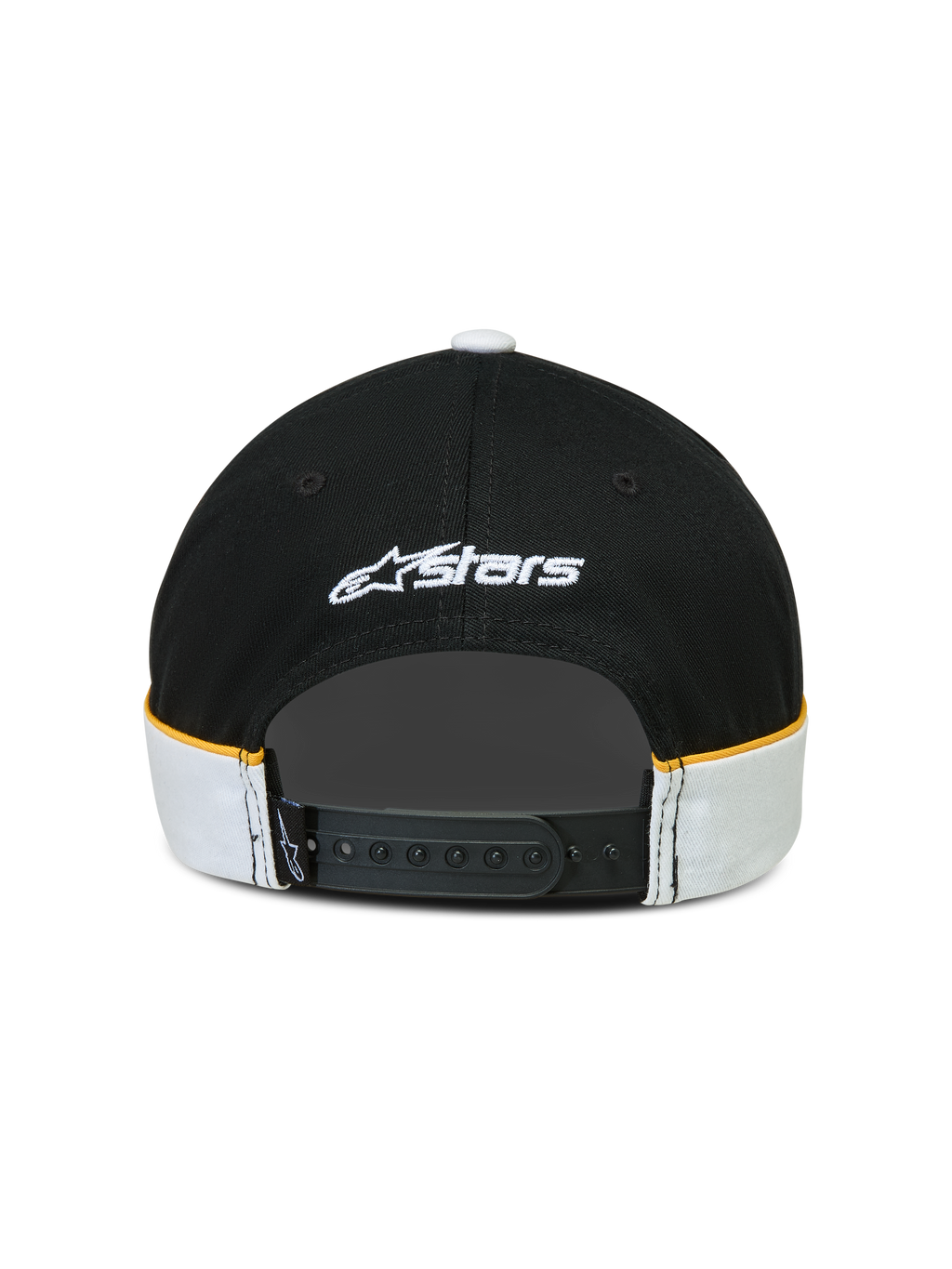 Alpinestars Cappello 500 Snapback, cappello sportswear lifestyle, nero e bianco con accenti gialli, chiusura snapback regolabile, vista posteriore con ricamo logo Astars bianco e dettagli cut-and-sew con piping a contrasto