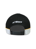 Alpinestars Cappello 500 Snapback, cappello sportswear lifestyle, nero e bianco con accenti gialli, chiusura snapback regolabile, vista posteriore con ricamo logo Astars bianco e dettagli cut-and-sew con piping a contrasto