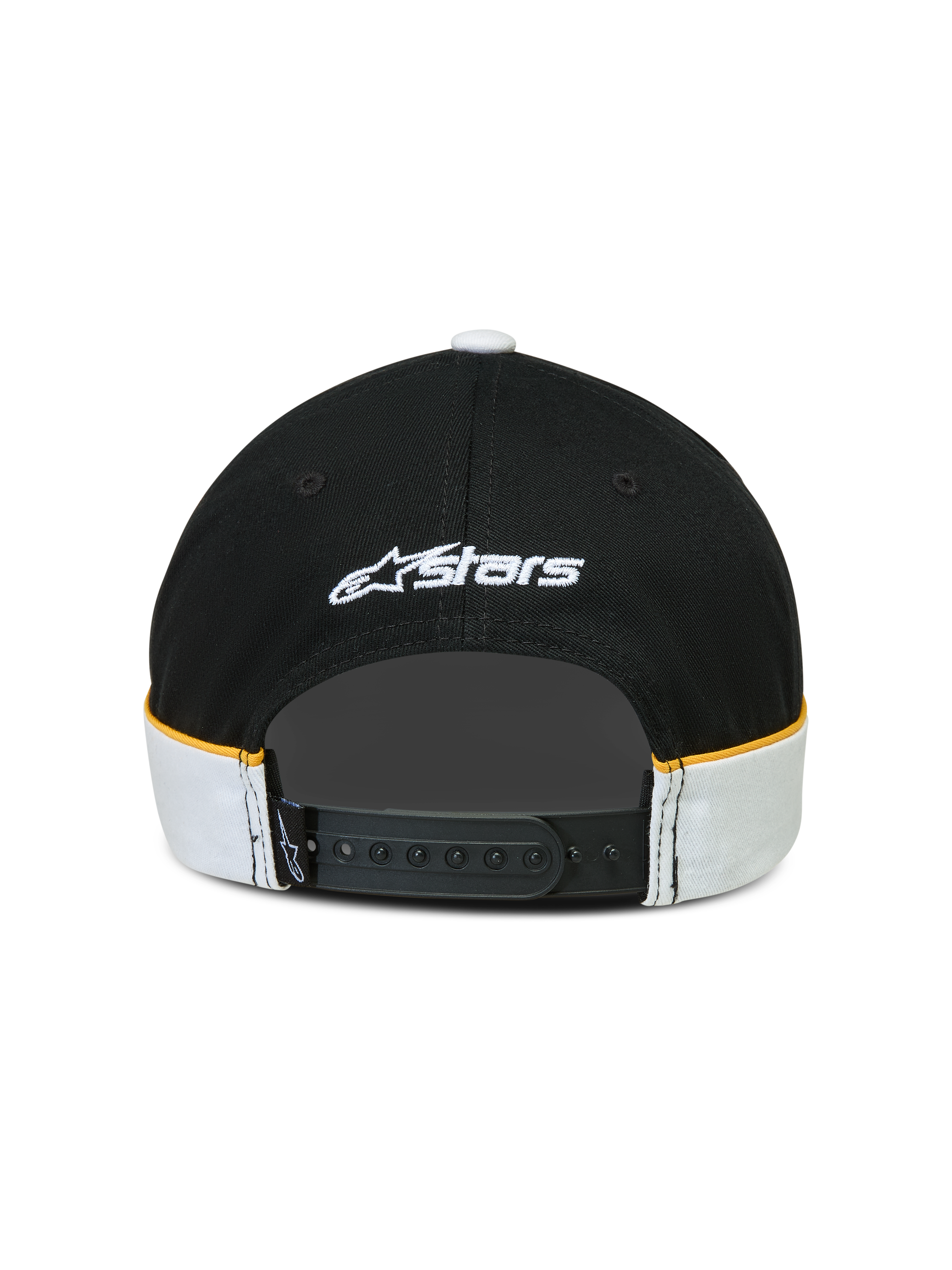 Alpinestars Cappello 500 Snapback, cappello sportswear lifestyle, nero e bianco con accenti gialli, chiusura snapback regolabile, vista posteriore con ricamo logo Astars bianco e dettagli cut-and-sew con piping a contrasto