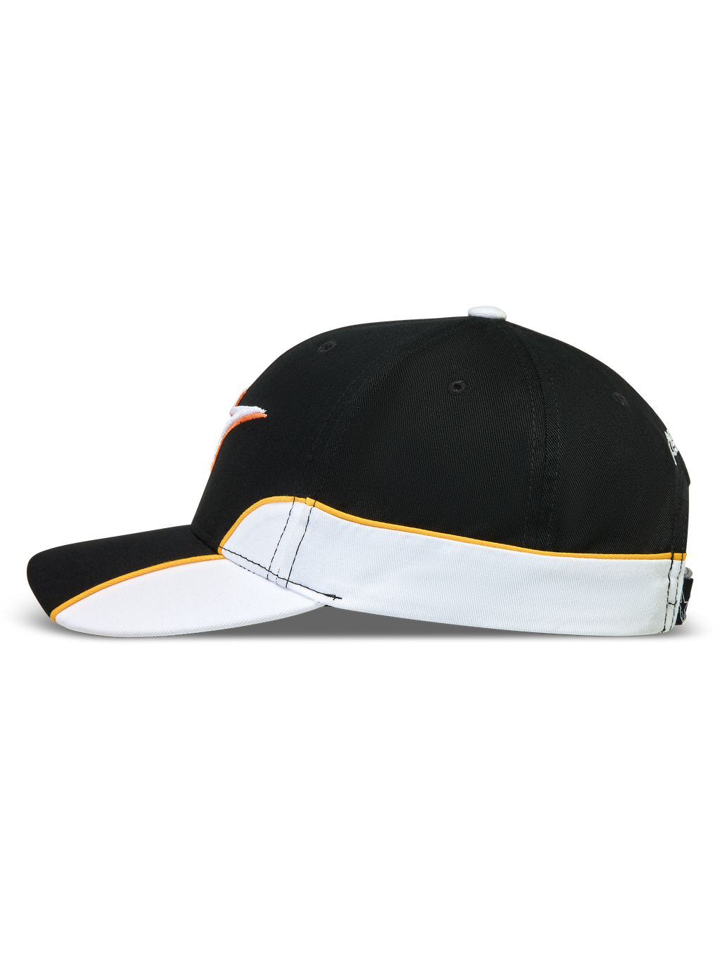 Alpinestars Cappello 500 Snapback, cappello sportswear ispirato al motorsport unisex, nero e bianco con piping arancione a contrasto, vista laterale con dettagli cut-and-sew, visiera curva e corona strutturata in twill di cotone