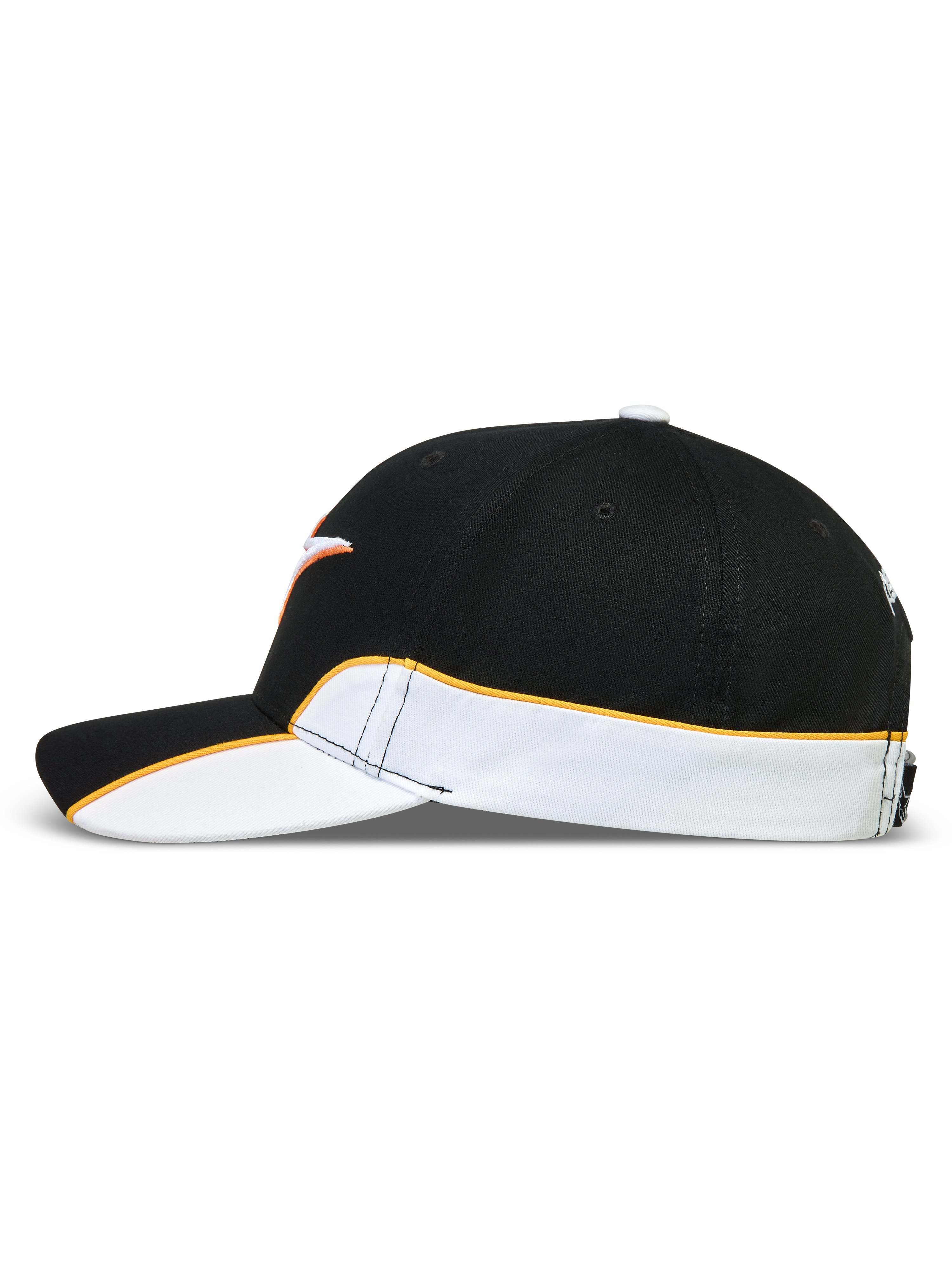 Alpinestars Cappello 500 Snapback, cappello sportswear ispirato al motorsport unisex, nero e bianco con piping arancione a contrasto, vista laterale con dettagli cut-and-sew, visiera curva e corona strutturata in twill di cotone