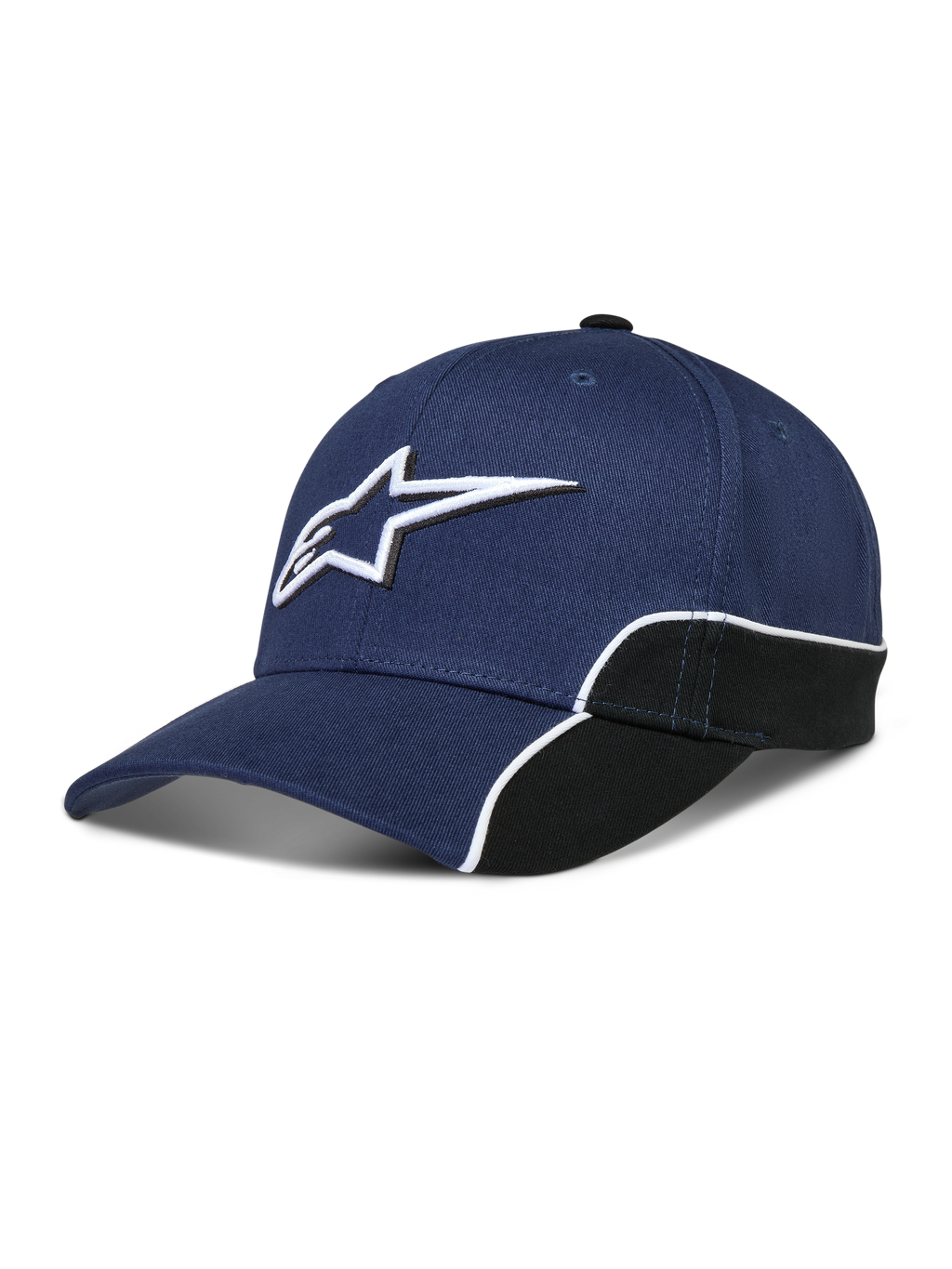 Alpinestars Cappello 500 Snapback, cappello sportswear unisex, blu navy e nero, con logo Astars ricamato in 3D, visiera curva, corona strutturata e profili bianchi a contrasto.