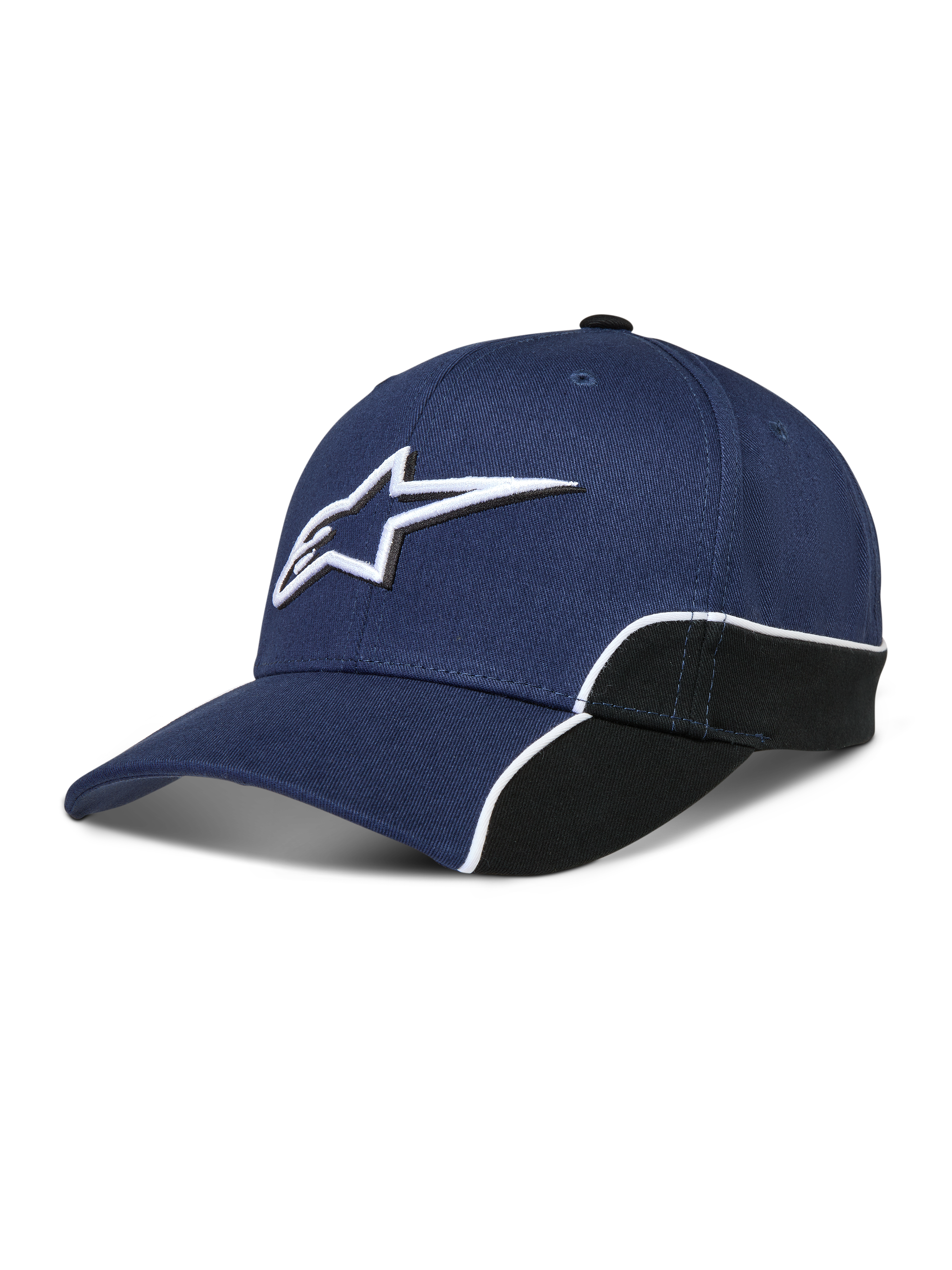 Alpinestars Cappello 500 Snapback, cappello sportswear unisex, blu navy e nero, con logo Astars ricamato in 3D, visiera curva, corona strutturata e profili bianchi a contrasto.
