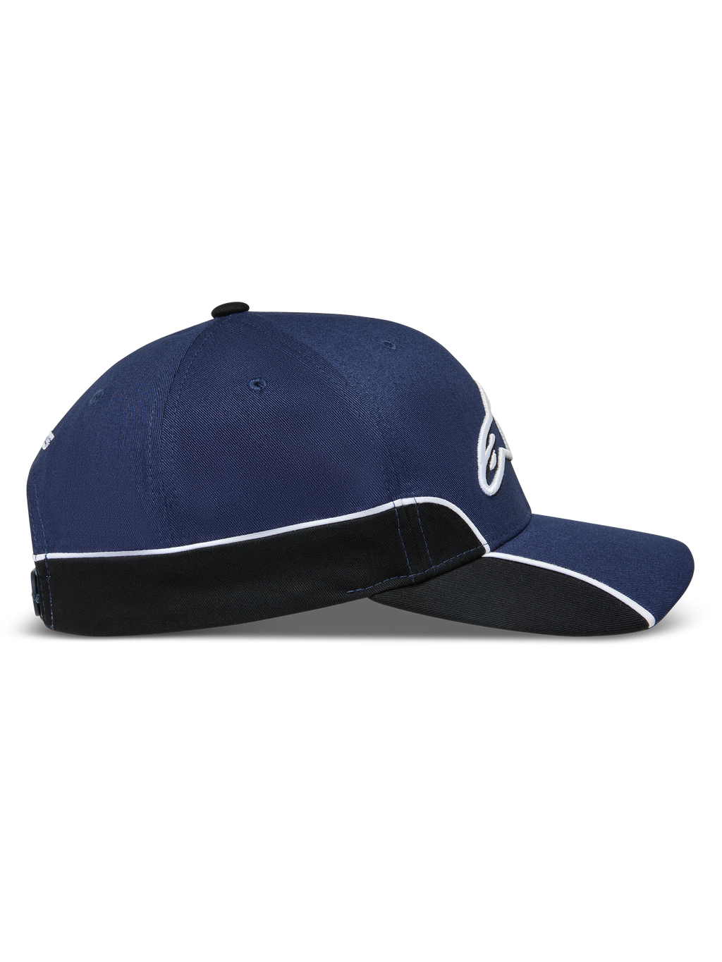 Alpinestars Cappello 500 Snapback, cappello sportswear ispirato al motorsport unisex, blu navy e nero, con corona strutturata, visiera curva, piping bianco a contrasto e ricamo Astars 3D, vista laterale