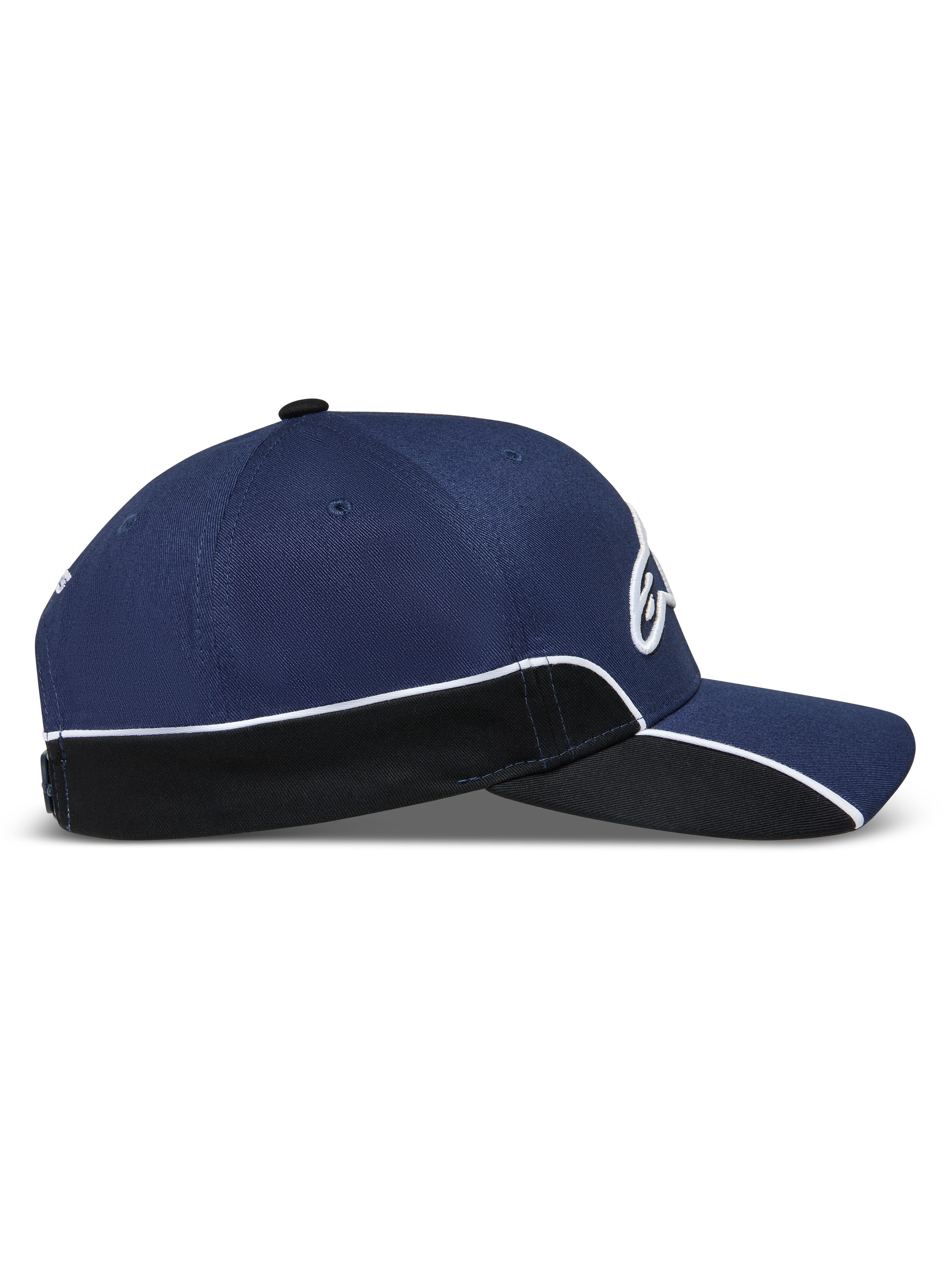 Alpinestars Cappello 500 Snapback, cappello sportswear ispirato al motorsport unisex, blu navy e nero, con corona strutturata, visiera curva, piping bianco a contrasto e ricamo Astars 3D, vista laterale