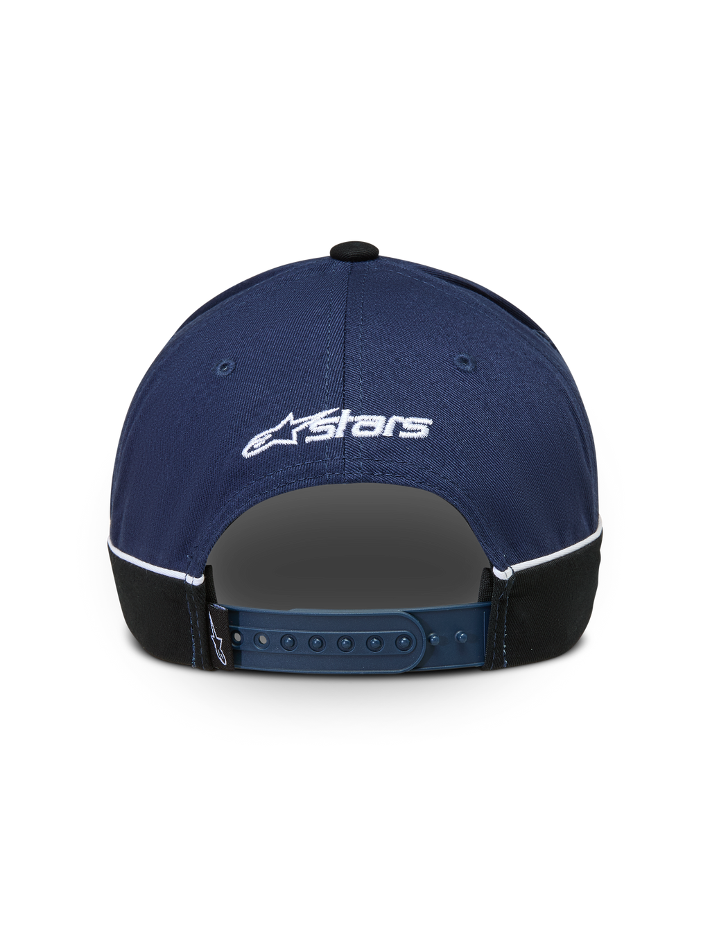 Alpinestars Cappello 500 Snapback, cappello sportswear stile baseball, blu navy e nero, vista posteriore con chiusura snapback regolabile, logo Astars ricamato bianco e piping a contrasto.