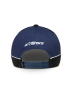 Alpinestars Cappello 500 Snapback, cappello sportswear stile baseball, blu navy e nero, vista posteriore con chiusura snapback regolabile, logo Astars ricamato bianco e piping a contrasto.