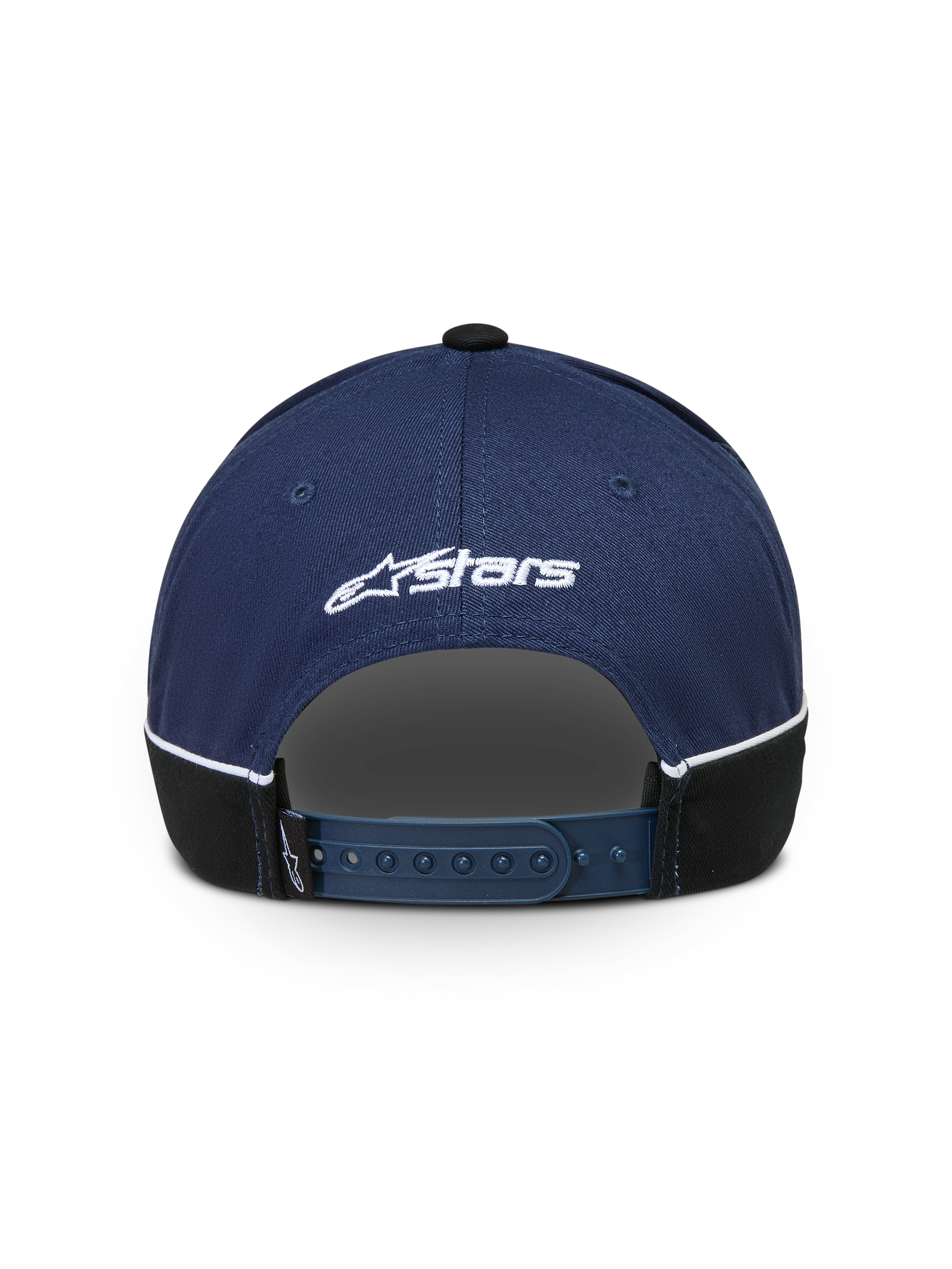 Alpinestars Cappello 500 Snapback, cappello sportswear stile baseball, blu navy e nero, vista posteriore con chiusura snapback regolabile, logo Astars ricamato bianco e piping a contrasto.