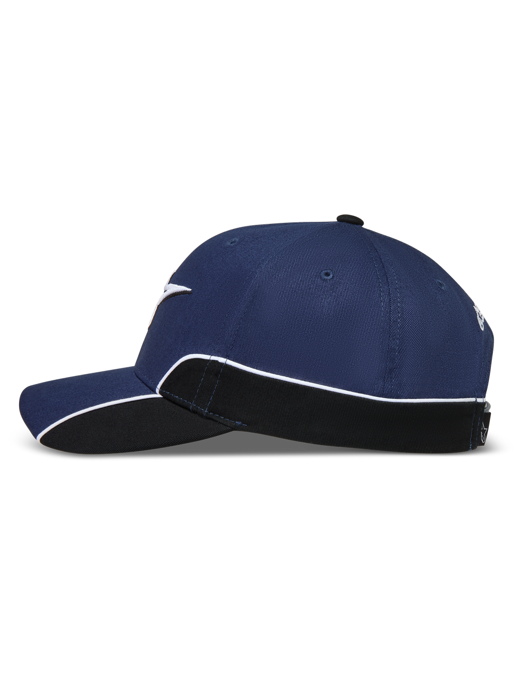 Alpinestars Cappello 500 Snapback, cappello sportswear lifestyle unisex, blu navy e nero, vista di profilo con visiera curva, corona strutturata e piping bianco a contrasto sul pannello laterale.