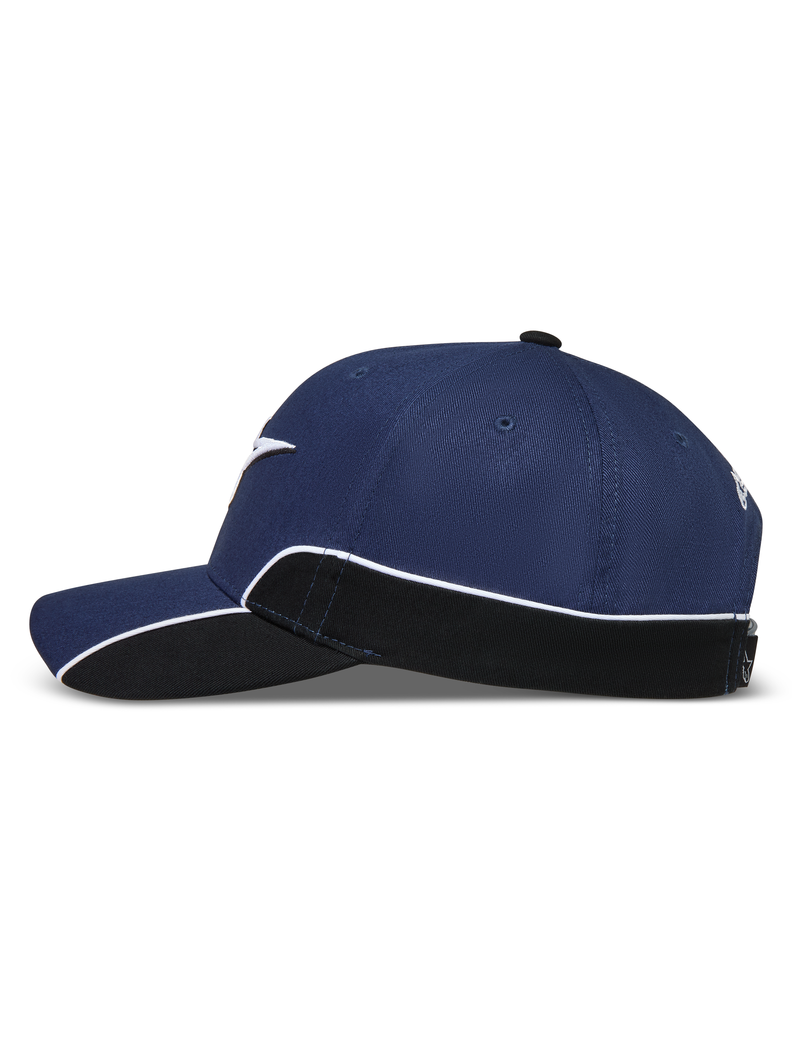 Alpinestars Cappello 500 Snapback, cappello sportswear lifestyle unisex, blu navy e nero, vista di profilo con visiera curva, corona strutturata e piping bianco a contrasto sul pannello laterale.