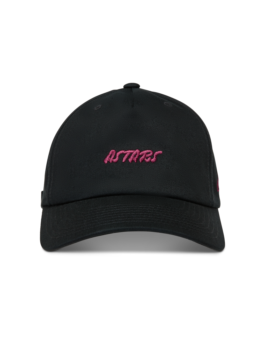 Alpinestars Explorer Strapback, cappello da baseball nero sportivo con logo Astars rosa ricamato e visiera curva.