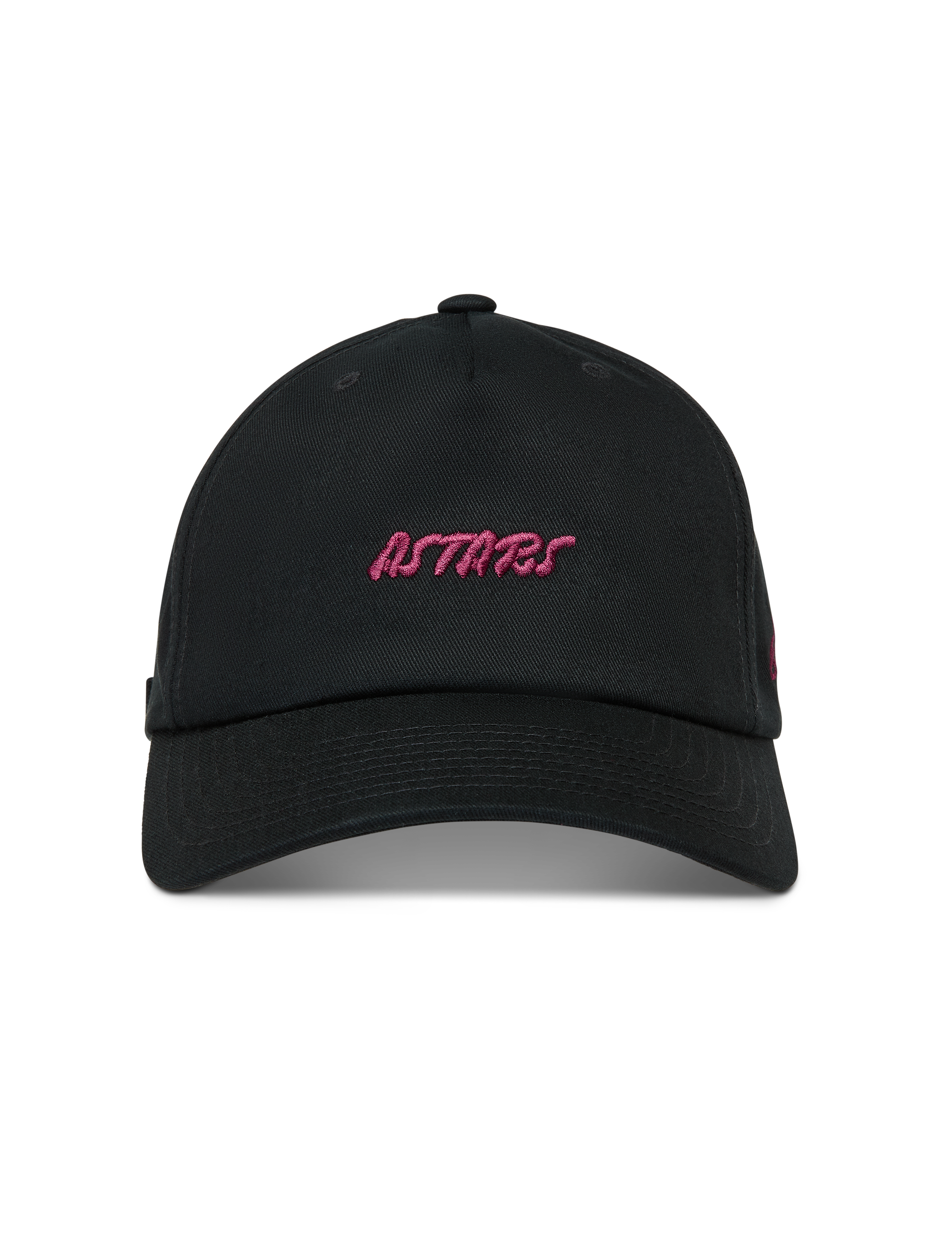 Alpinestars Explorer Strapback, cappello da baseball nero sportivo con logo Astars rosa ricamato e visiera curva.