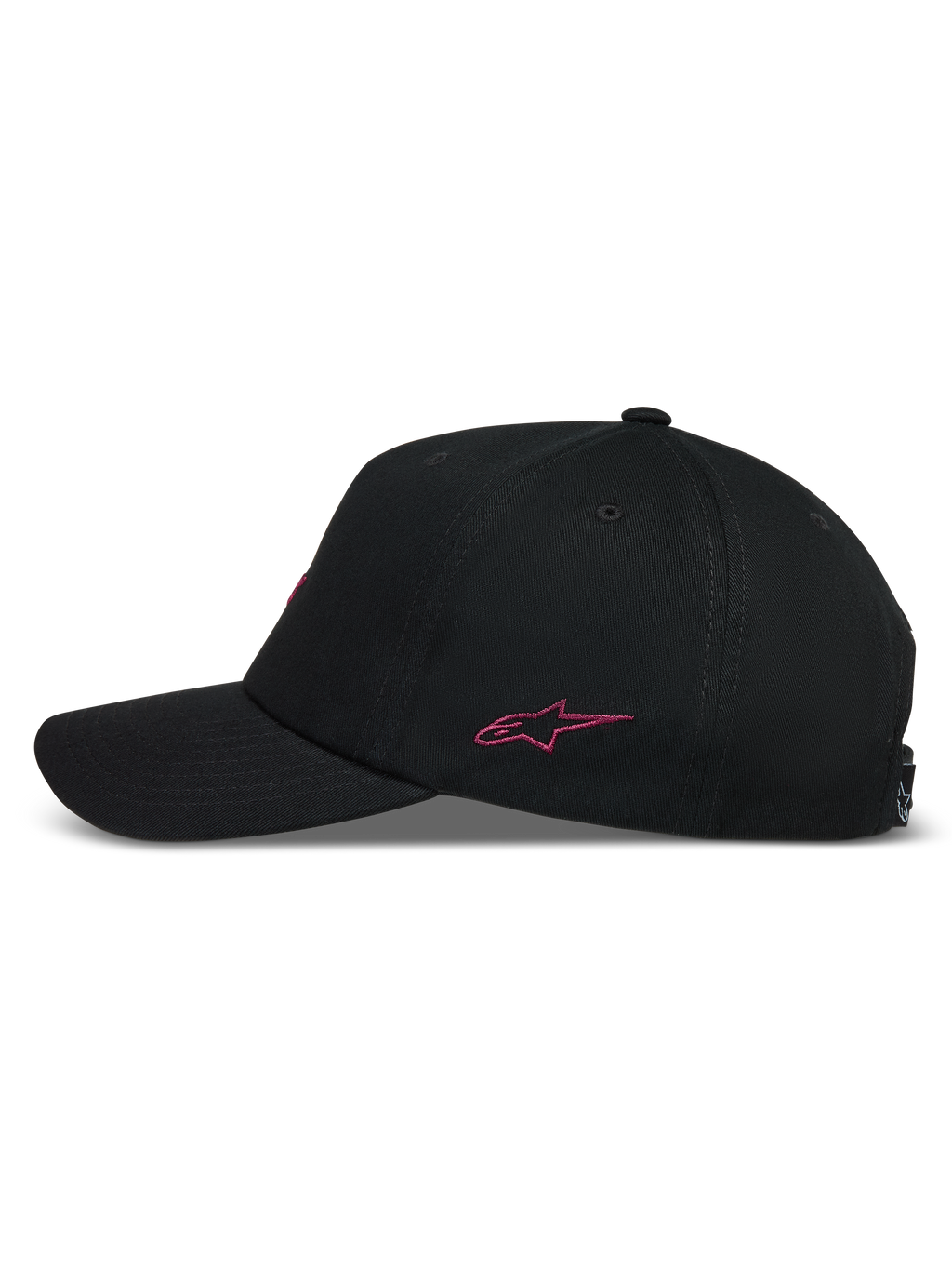 Alpinestars Explorer Strapback Cappello, cappello sportivo nero con corona strutturata, visiera curva e logo Astars ricamato in rosa sul lato, vista laterale