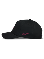 Alpinestars Explorer Strapback Cappello, cappello sportivo nero con corona strutturata, visiera curva e logo Astars ricamato in rosa sul lato, vista laterale