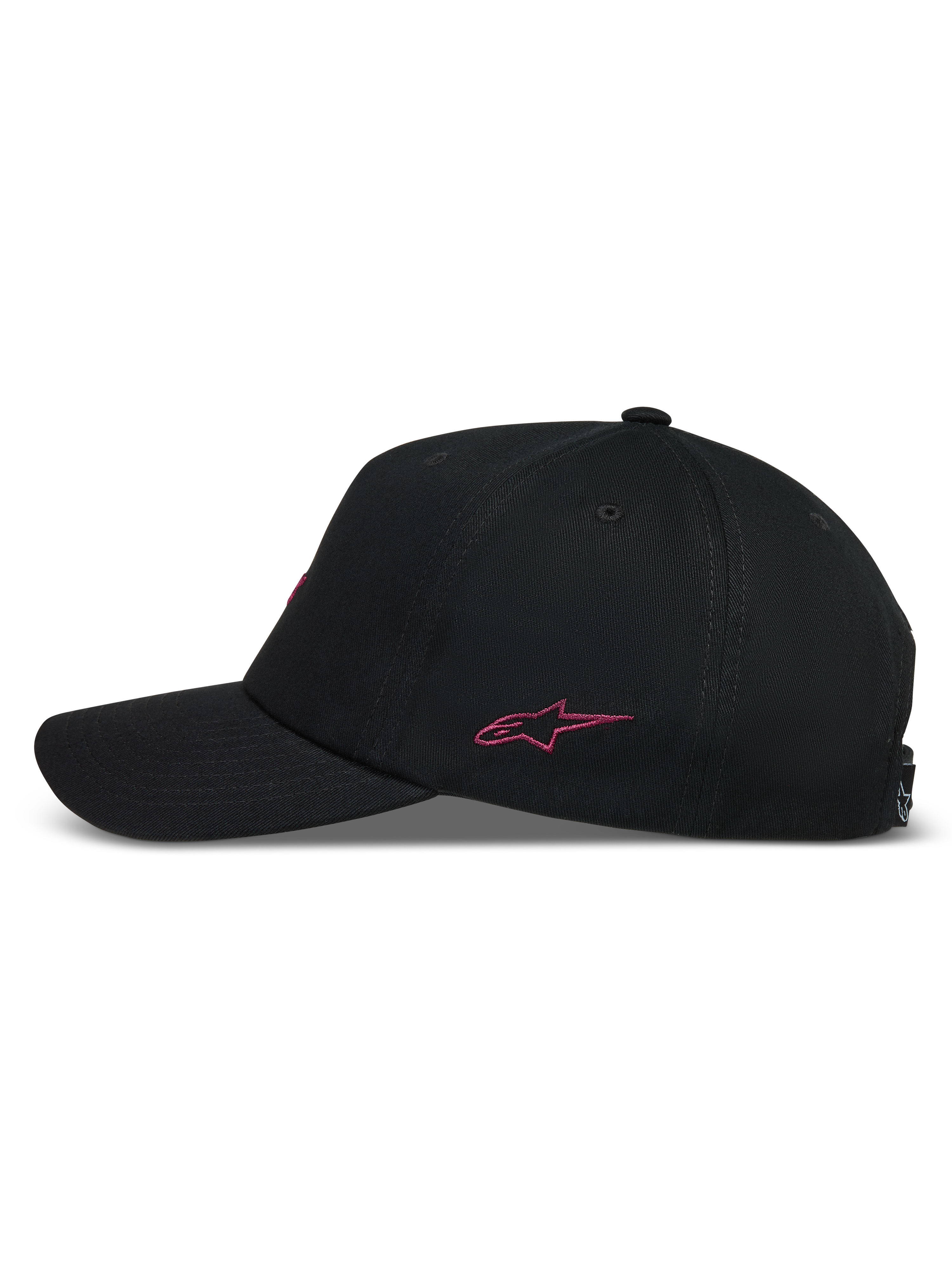 Alpinestars Explorer Strapback Cappello, cappello sportivo nero con corona strutturata, visiera curva e logo Astars ricamato in rosa sul lato, vista laterale