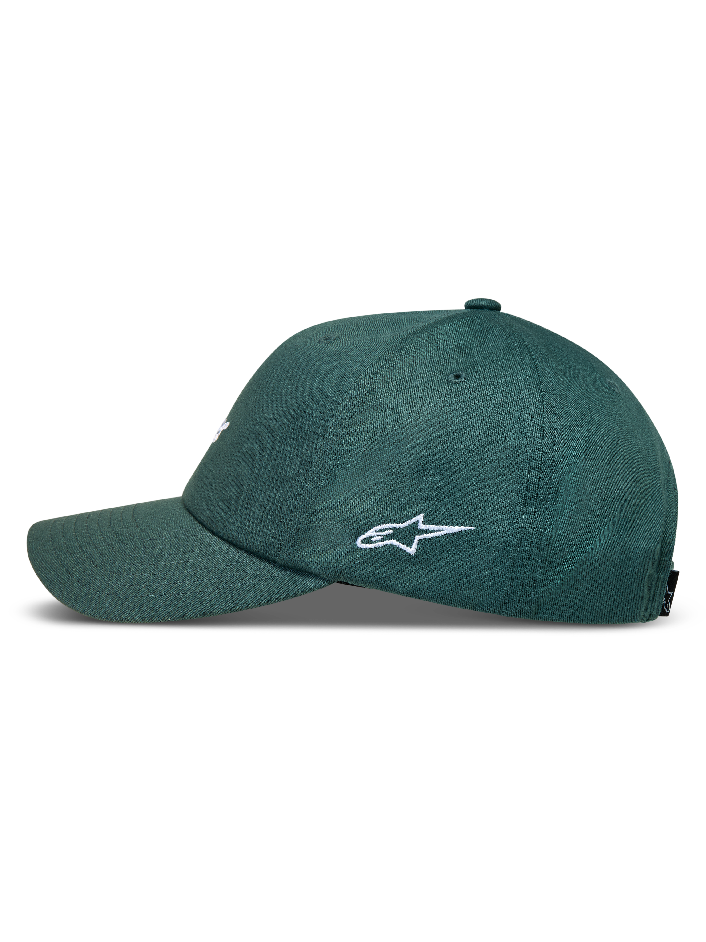 Alpinestars Explorer Strapback cappello, verde, vista laterale con ricamo logo Astars bianco e visiera curva