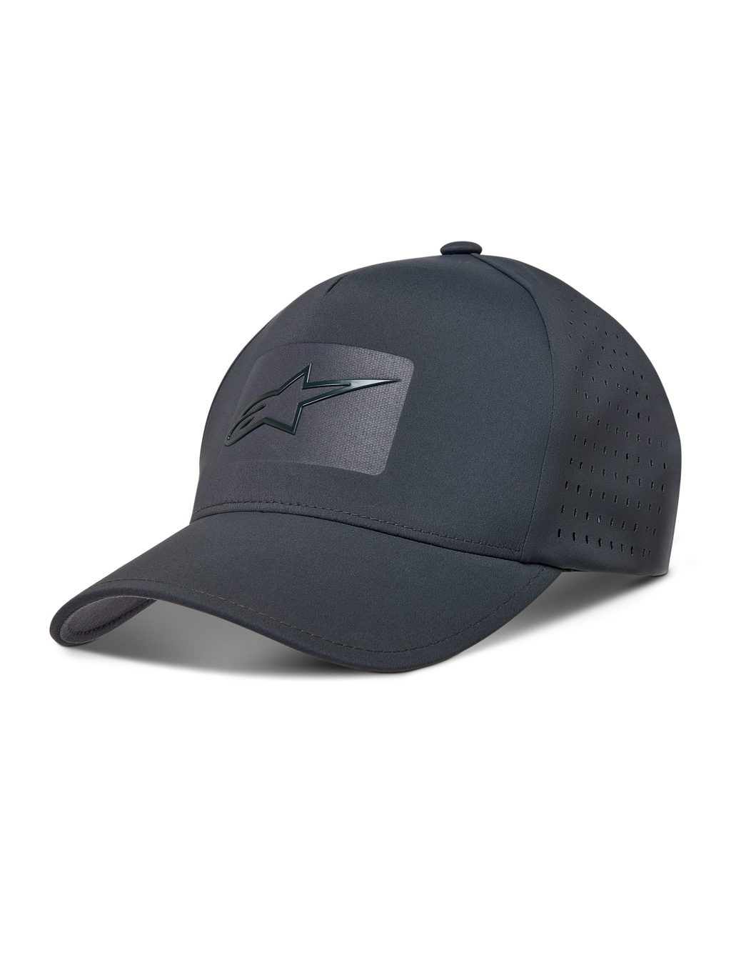 Alpinestars Algo Perf Adjustable Cappello, cappello sportivo grigio scuro in tessuto tecnico con perforazioni laterali e logo Astars frontale a saldatura sonica.