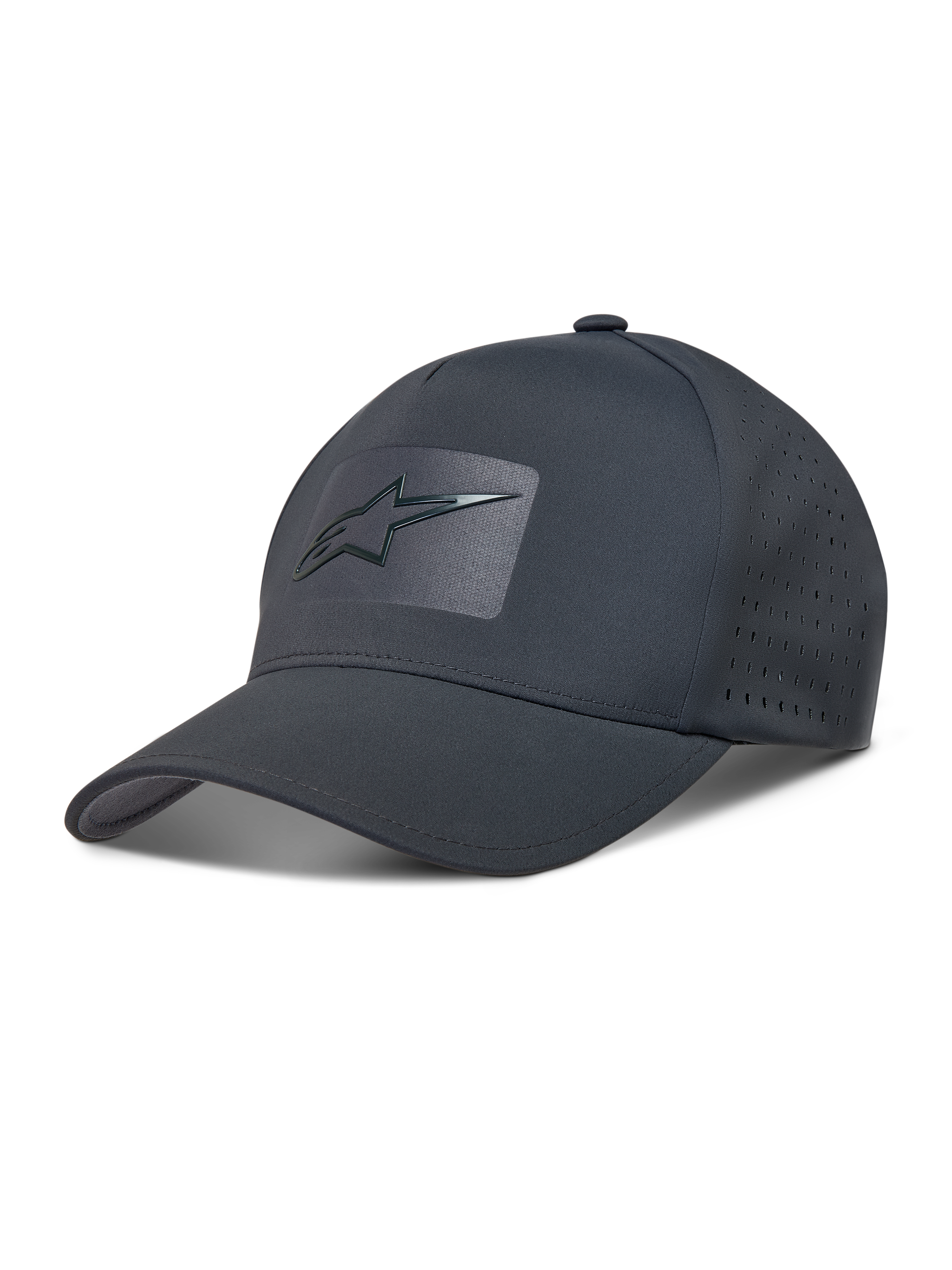 Alpinestars Algo Perf Adjustable Cappello, cappello sportivo grigio scuro in tessuto tecnico con perforazioni laterali e logo Astars frontale a saldatura sonica.