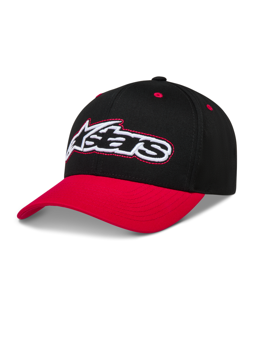 Alpinestars Retro Snapback Cappello, cappello da baseball nero e rosso con visiera curva e logo Astars ricamato.