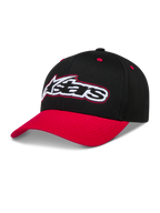 Alpinestars Retro Snapback Cappello, cappello da baseball nero e rosso con visiera curva e logo Astars ricamato.