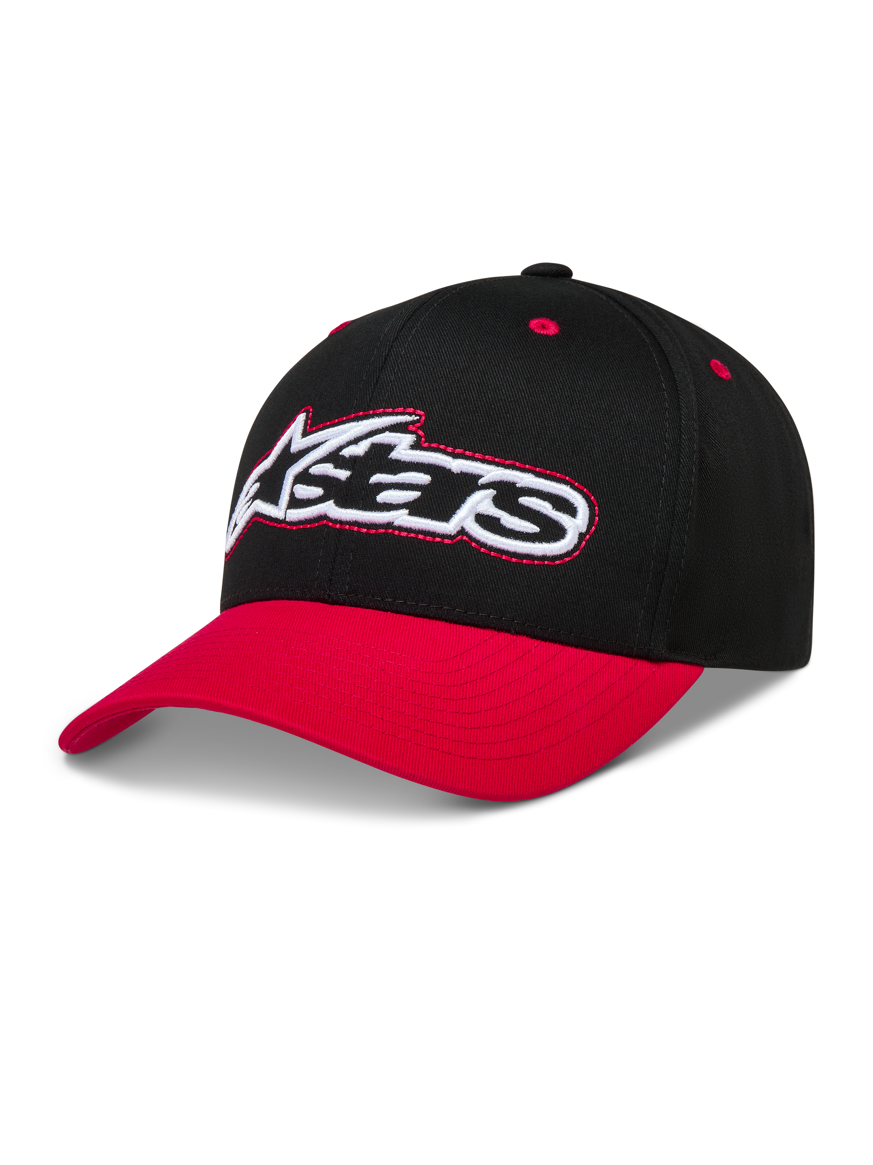 Alpinestars Retro Snapback Cappello, cappello da baseball nero e rosso con visiera curva e logo Astars ricamato.